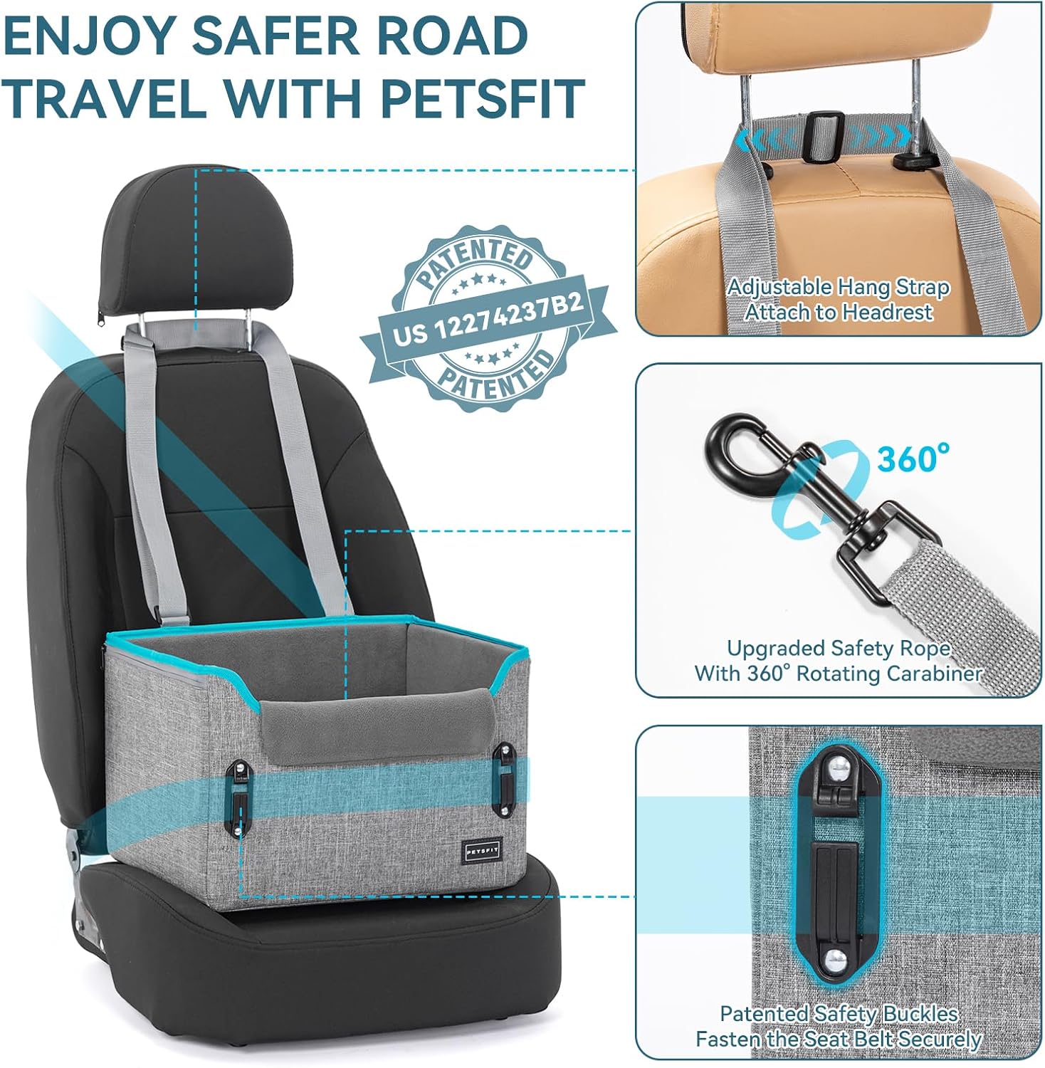 Detalle de Petsfit Hunde Autositz für kleine Hunde (41×33×28 cm) – stabiler Rücksitz mit Sicherheitsgurt-Halteclip und waschbaren Plüschkissen