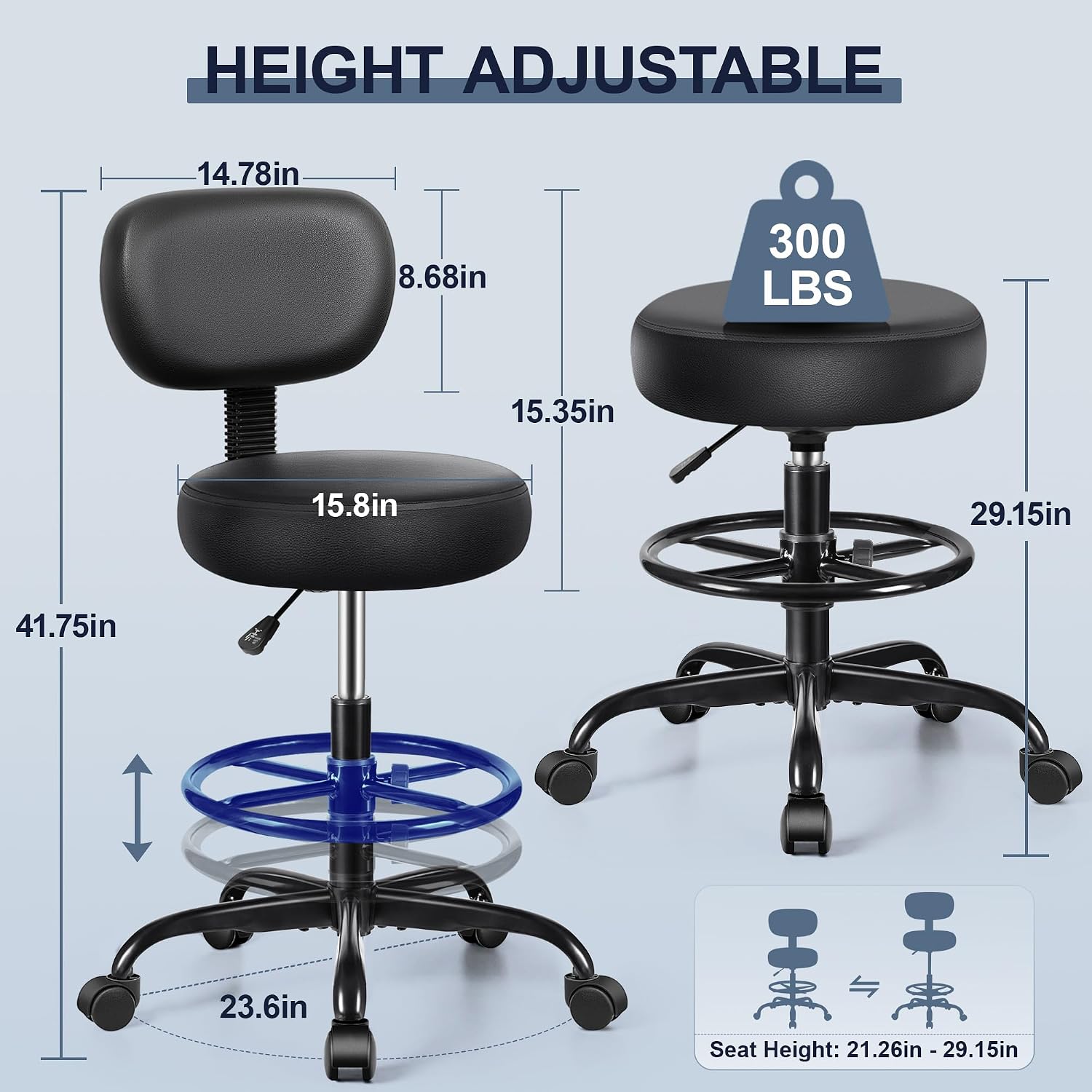Detalle de Brick Attic T12 Drafting Chair with Backrest, Adjustable Footrest, Black PU Leather