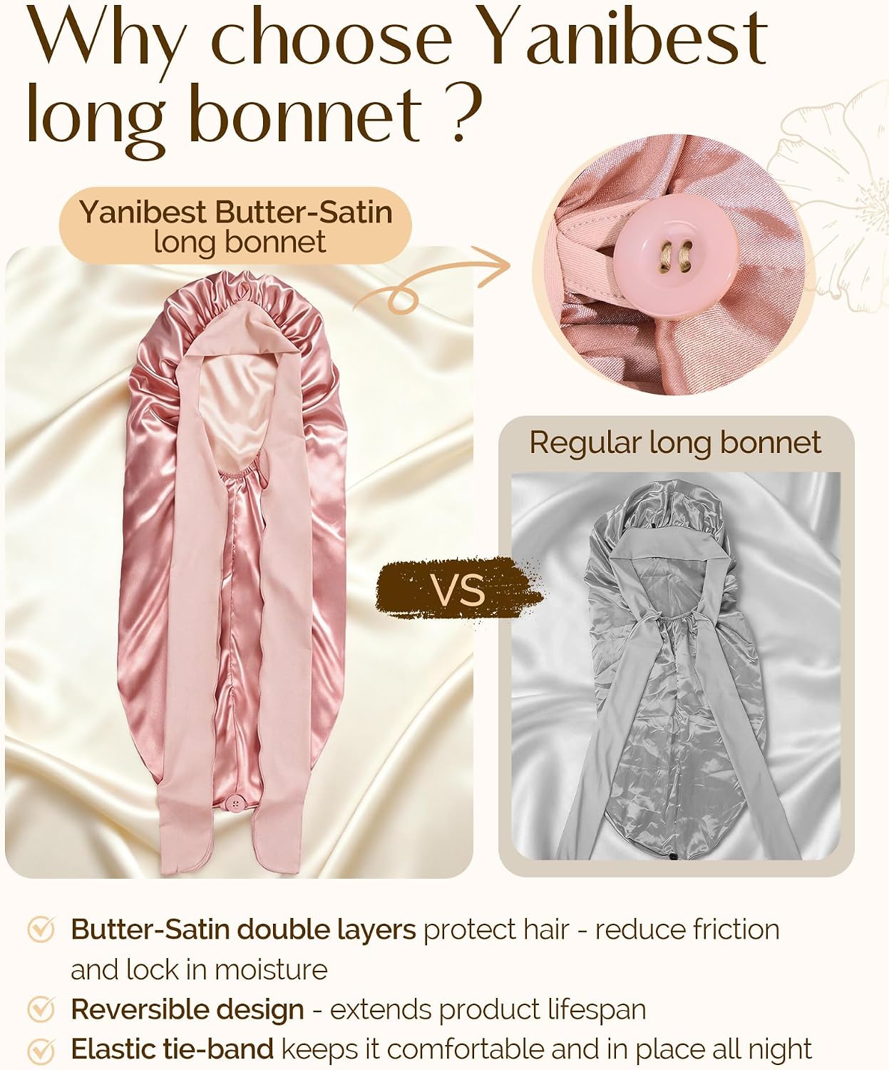 Thumbnail 1 de YANIBEST Double Layer Extra Long Satin Bonnet with Adjustable Tie Band