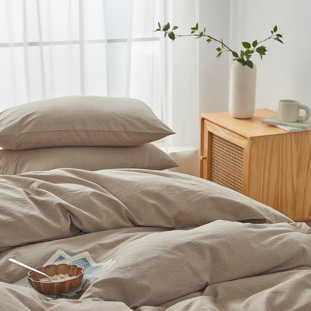 Detalle 2 de FACE TWO FACE Queen Washed Cotton Duvet Cover Set, Khaki, Linen-Like Texture