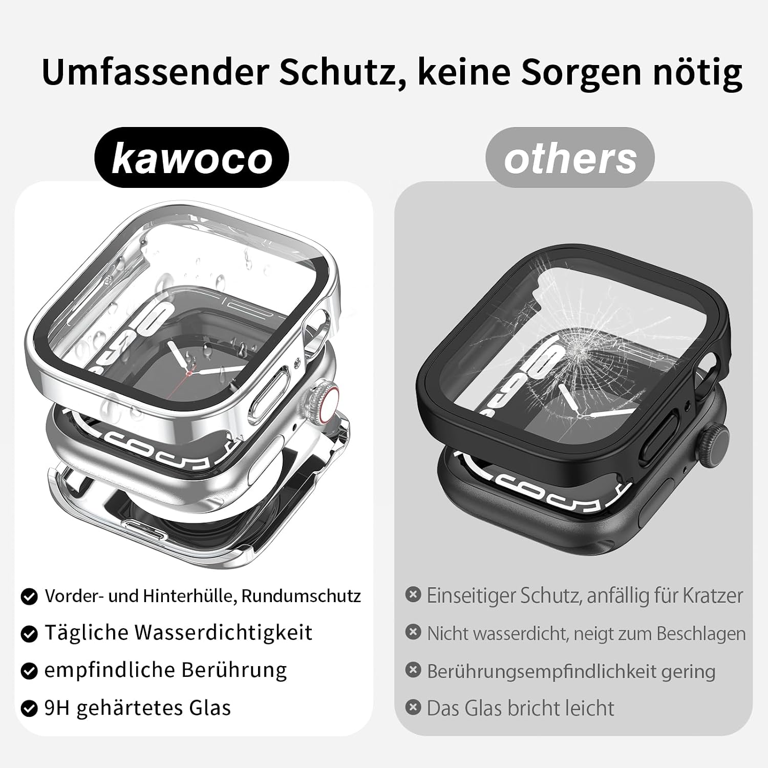 Detalle de Kawoco 2-in-1 wasserdichte Hülle für Apple Watch Series 9/8/7 (41 mm) in Rot – mit gehärteter Glas-Schutzfolie