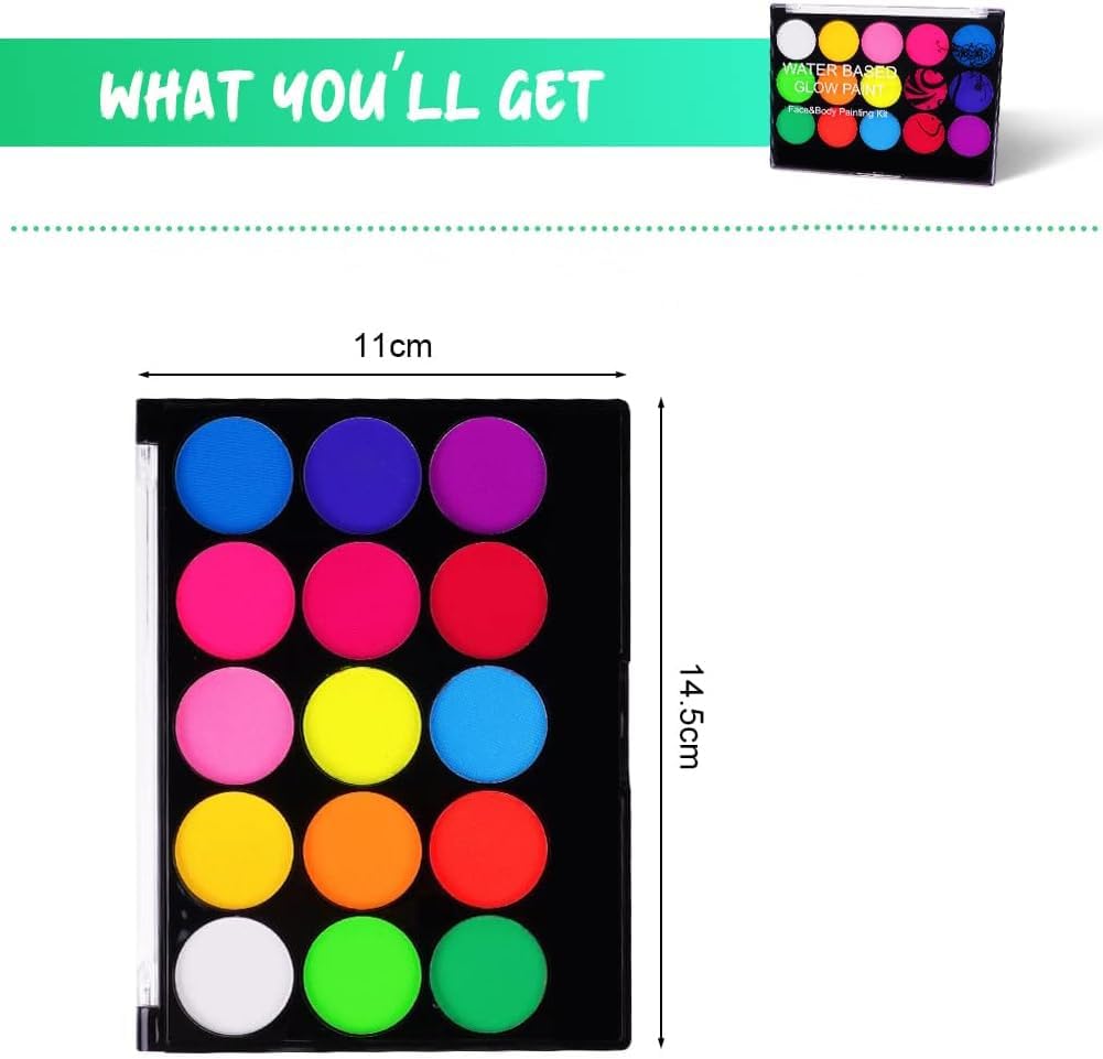 Detalle de URAQT Glow Paint – pittura per corpo e viso fluo neon, 15 colori (trucco luminoso per Halloween, cosplay e feste)