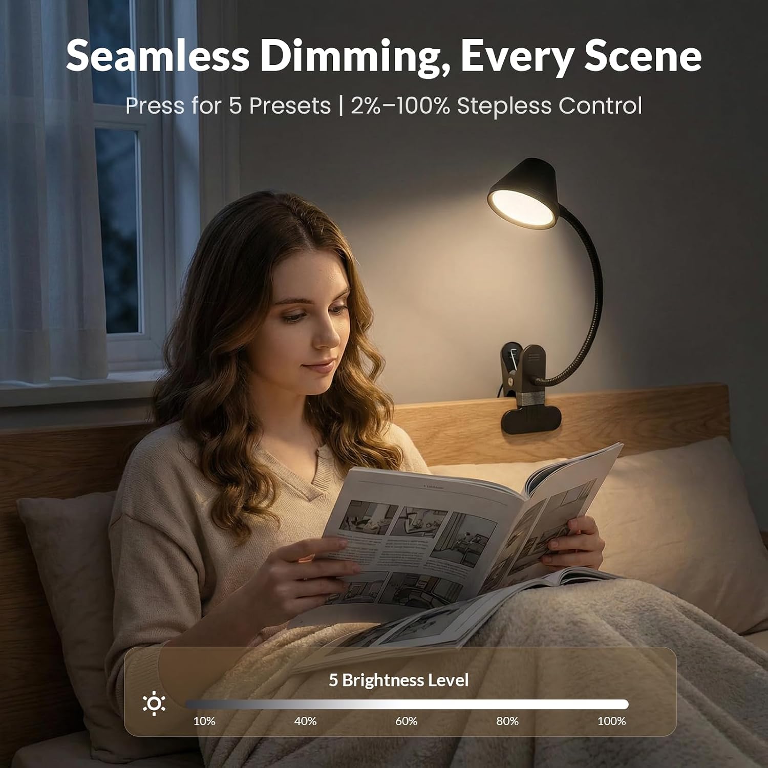 Detalle 2 de LEPOWER Clip-On Reading Light, 400 Lumens, RG0 Lighting, Dimmable Amber Glow