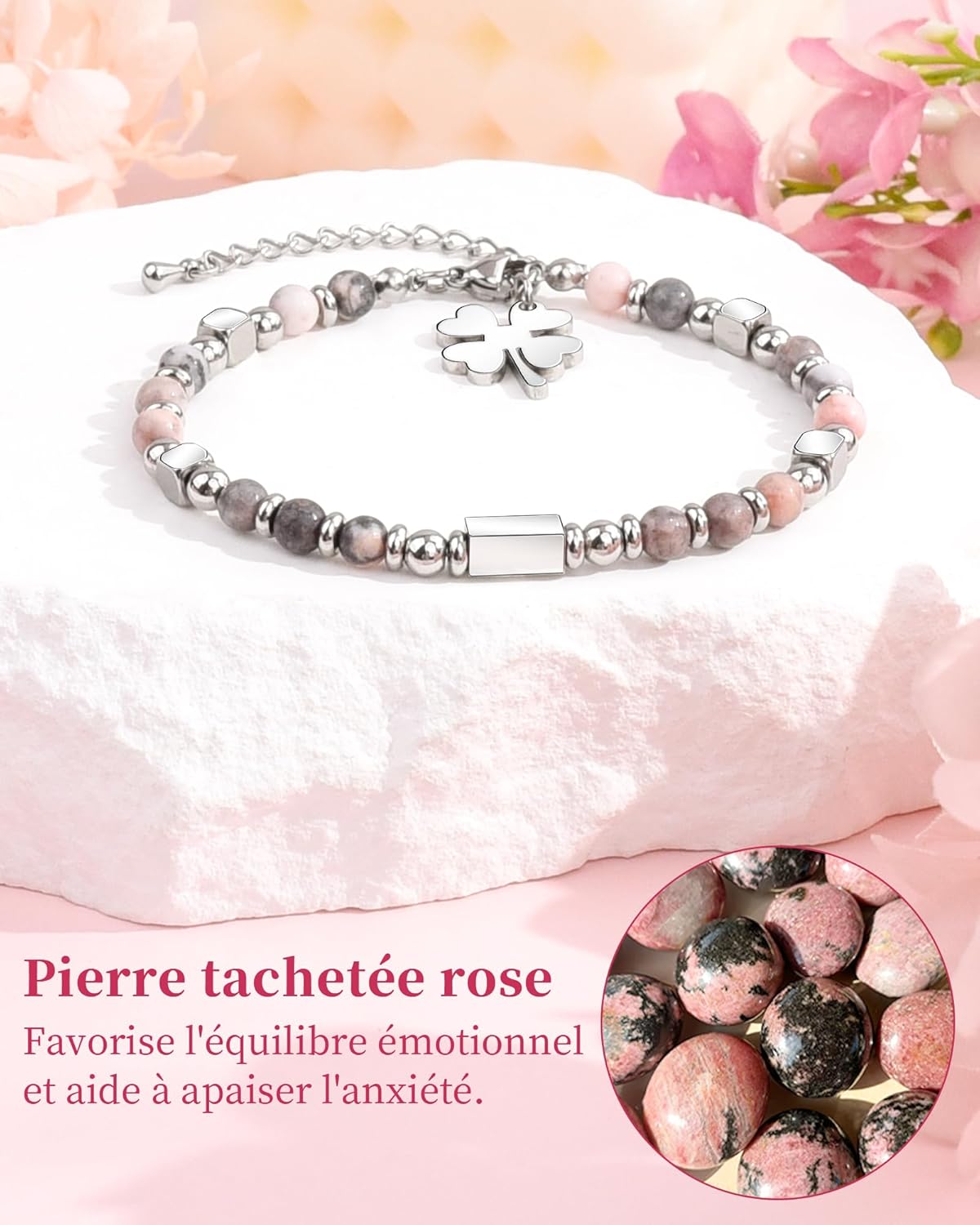 Thumbnail 5 de Bracelet personnalisé en pierre naturelle rose Seyaa Cadeau anniversaire fille (trèfle à 4 feuilles, cœur/croix)