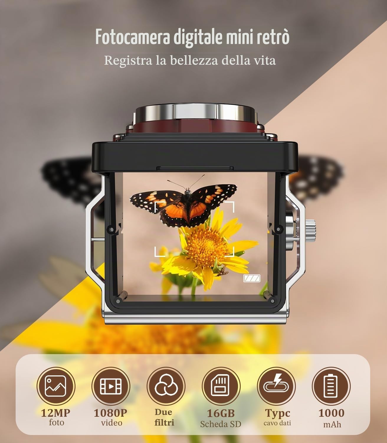 Thumbnail 1 de Mini fotocamera retrò vintage 12 MP 1080P: stile classico e praticità per giovani esploratori
