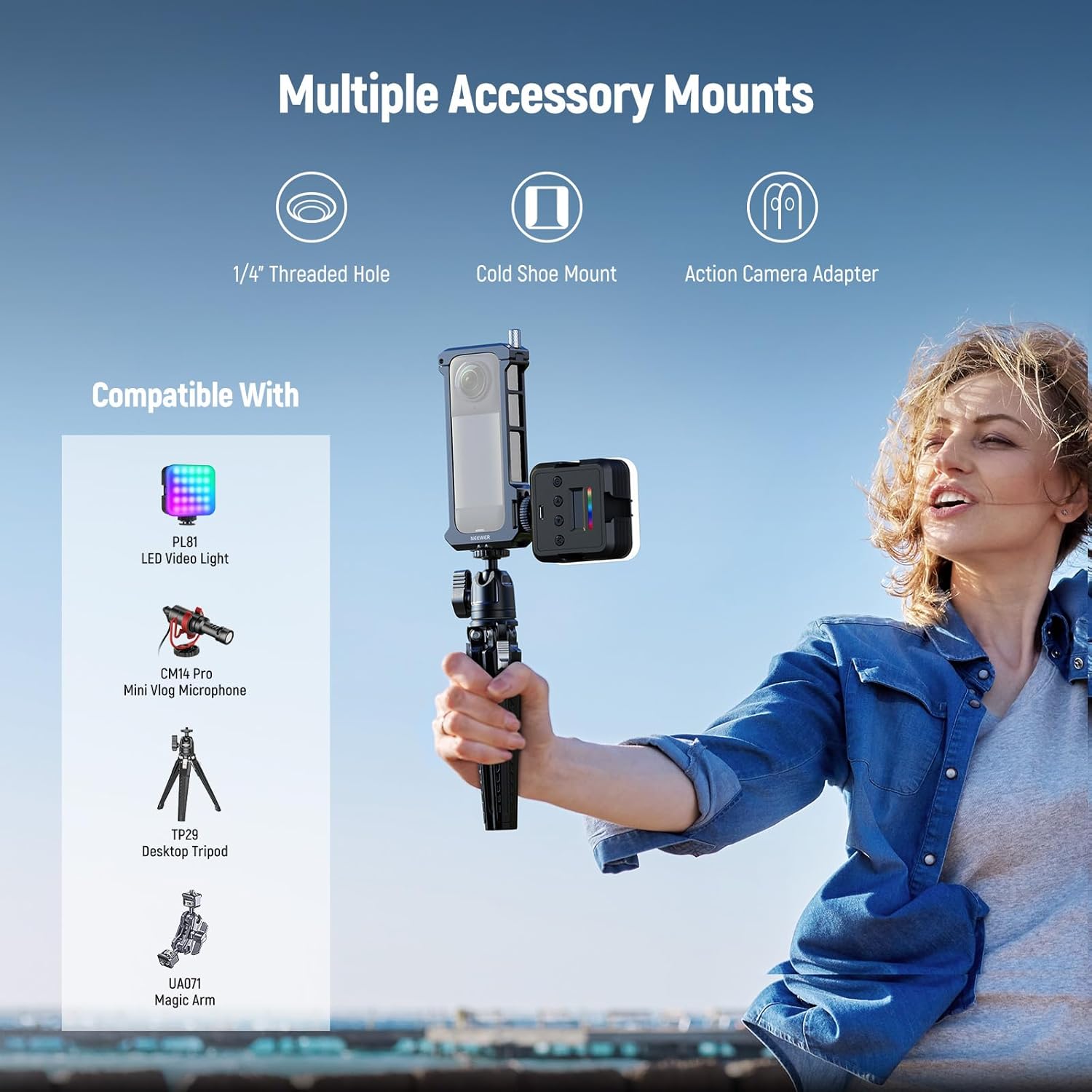 Thumbnail 5 de NEEWER Camera Cage for Insta360 X4 — aluminium rig with quick release, 1/4" threads and lens cap