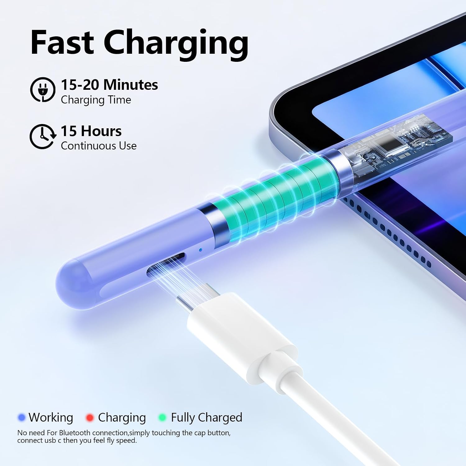 Detalle de Stylus Pen for iPad (6th–11th Gen): 2x Fast Charge, 1.5mm Tip, Palm Rejection
