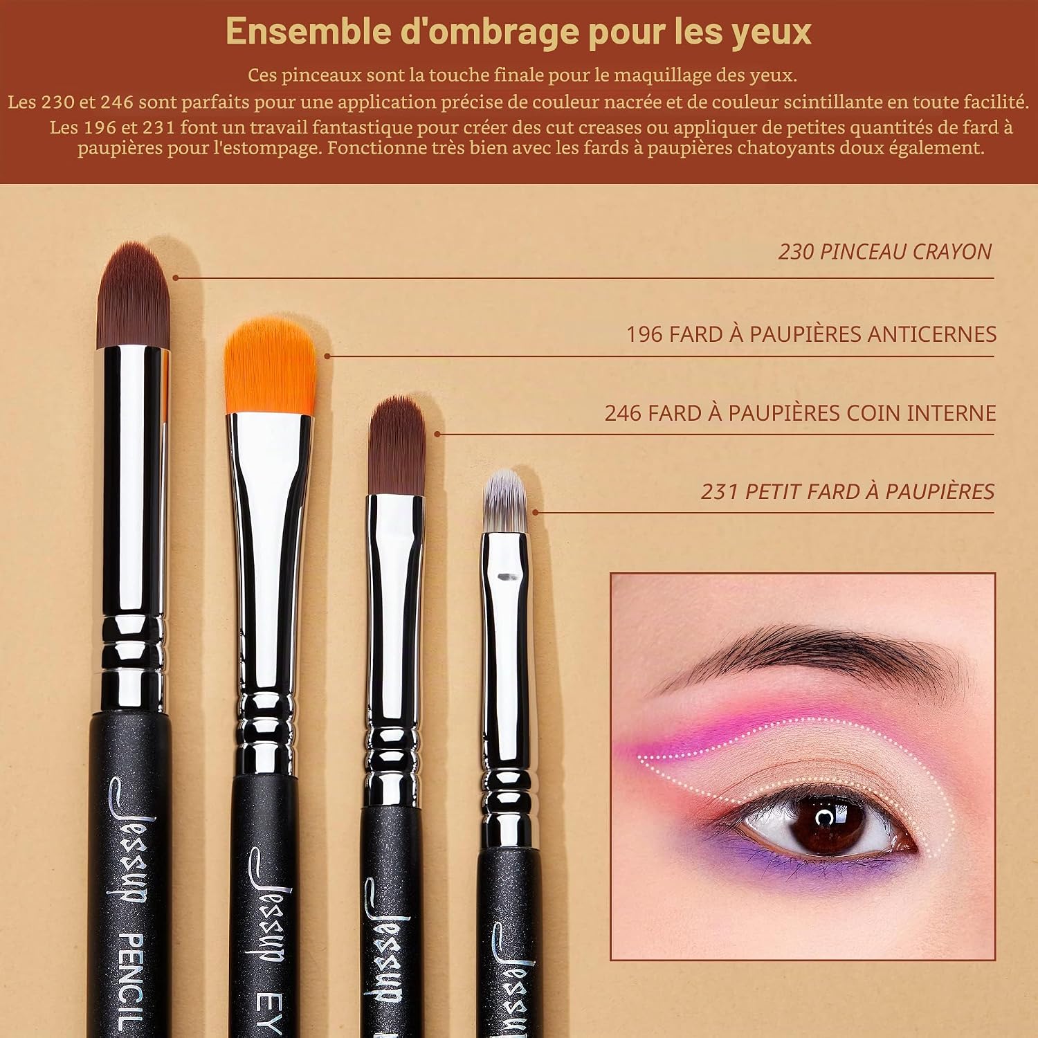 Detalle 2 de Jessup – Set de 12 pinceaux pour maquillage des yeux (fard à paupières), noir T339