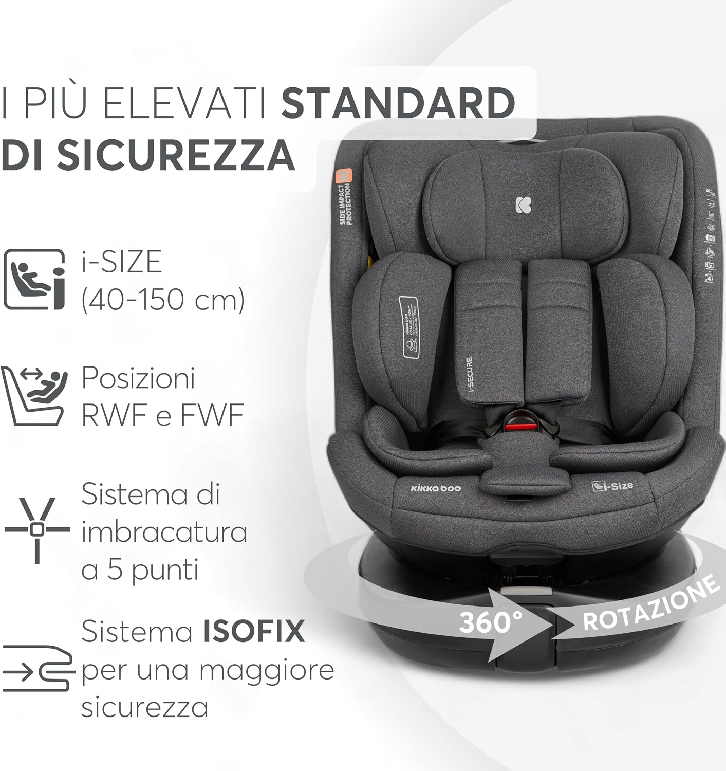 Detalle 2 de KikkaBoo Siège Auto Bébé 0 à 36 kg i-SECURE, i-Size ISOFIX, Pivotant 360°, Gris Foncé