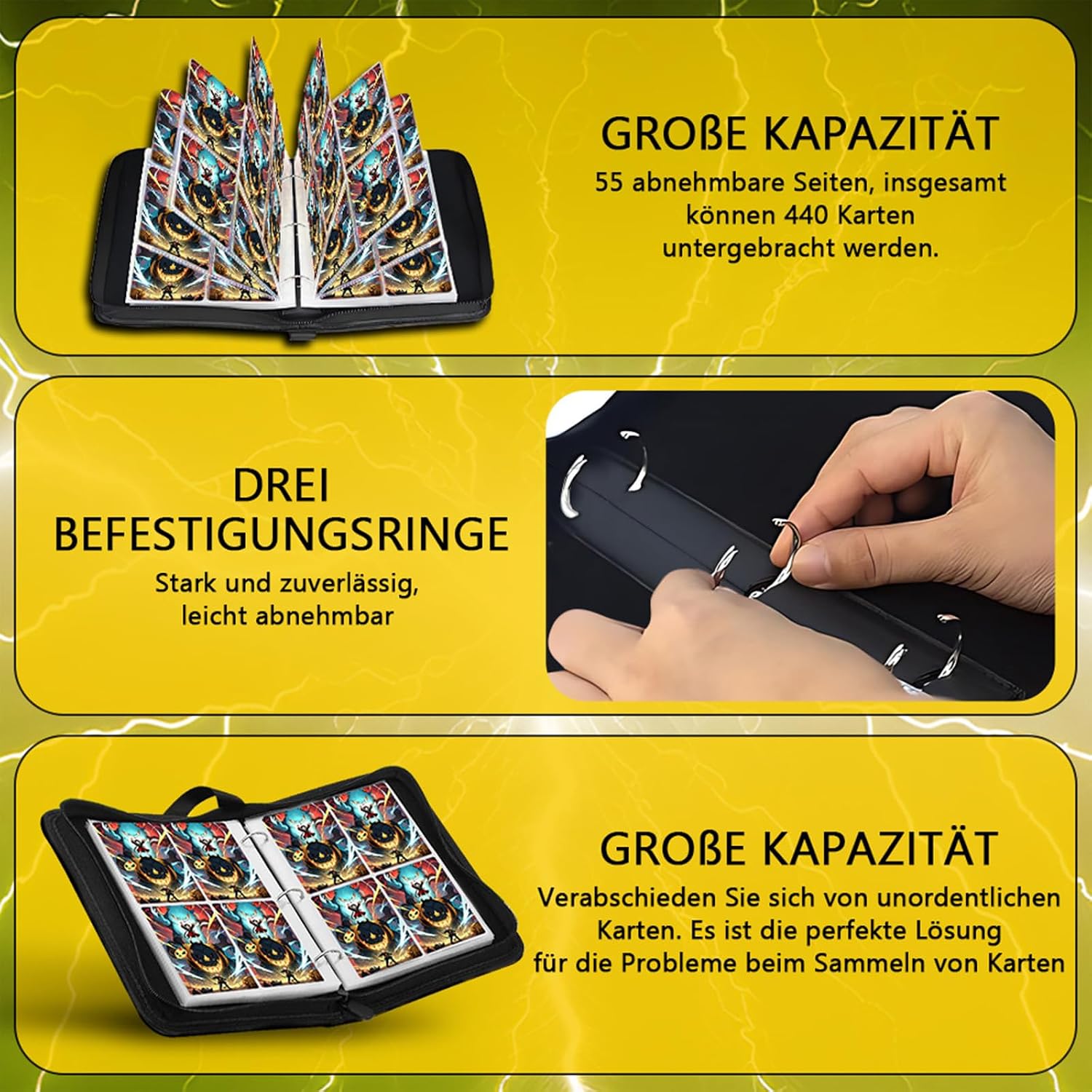 Thumbnail 3 de Sammelalbum für Karten mit 440 Sammelkarten & 4-Pocket-Hefteinlagen – wasserdichtes PU-Leder mit Griff