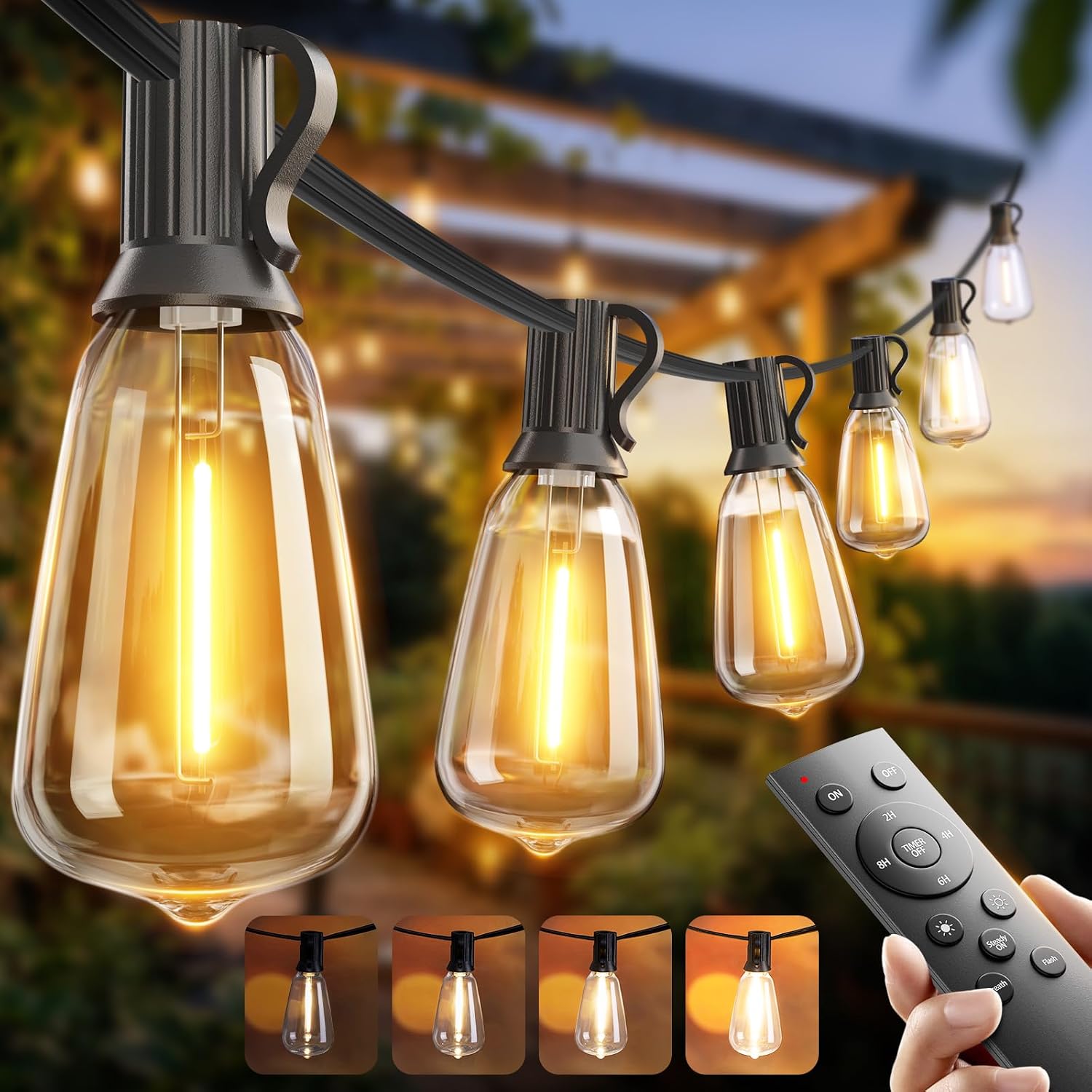Detalle de addlon 100FT Outdoor String Lights ST38 LED with Remote – Weatherproof, Dimmable, and Ready for Outdoor Gatherings