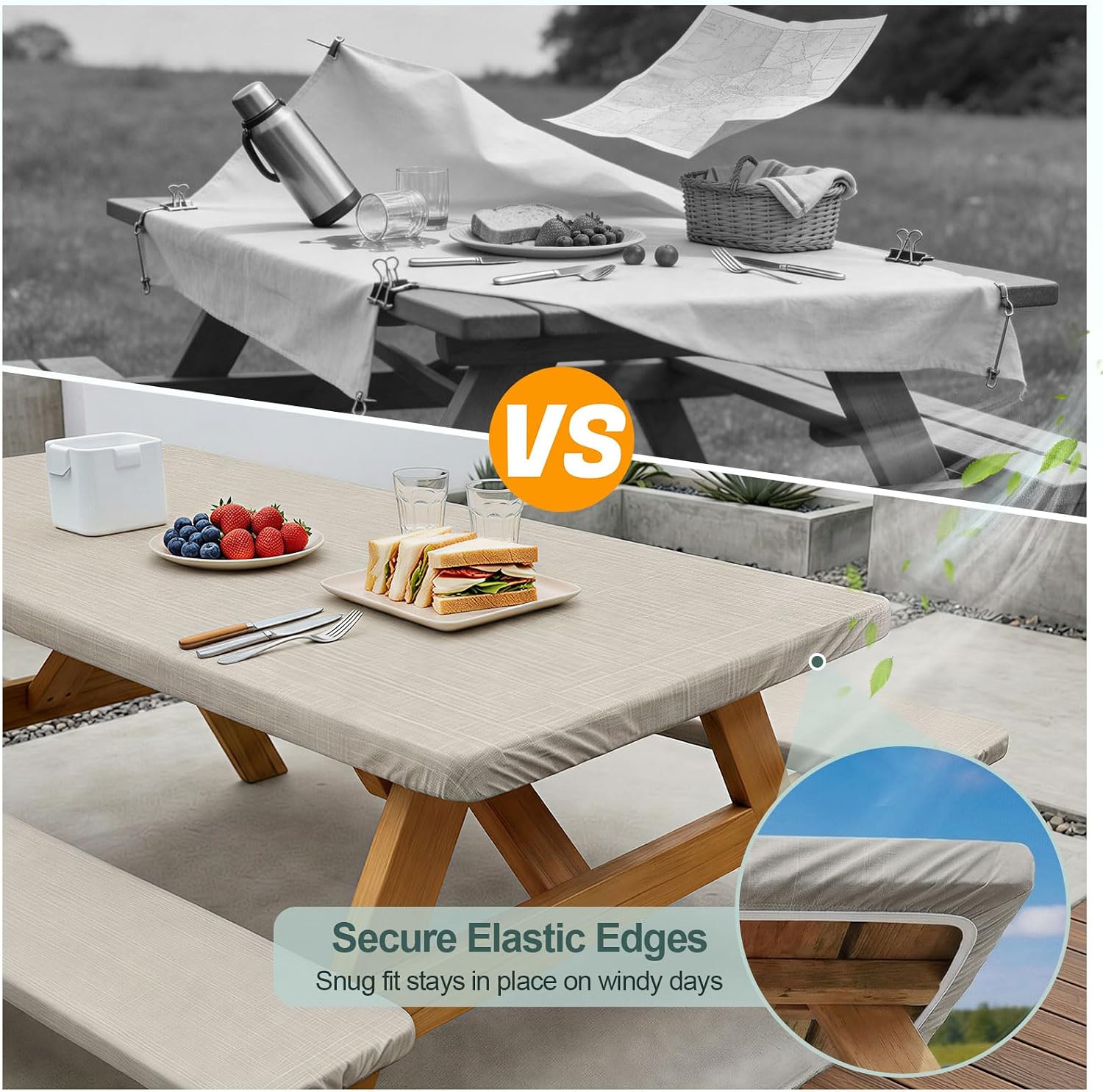 Detalle de Picnic Table Cover with Bench Covers for 6FT Tables (72in) — Waterproof, Windproof Set with Drawstring Bag, Beige Linen Texture
