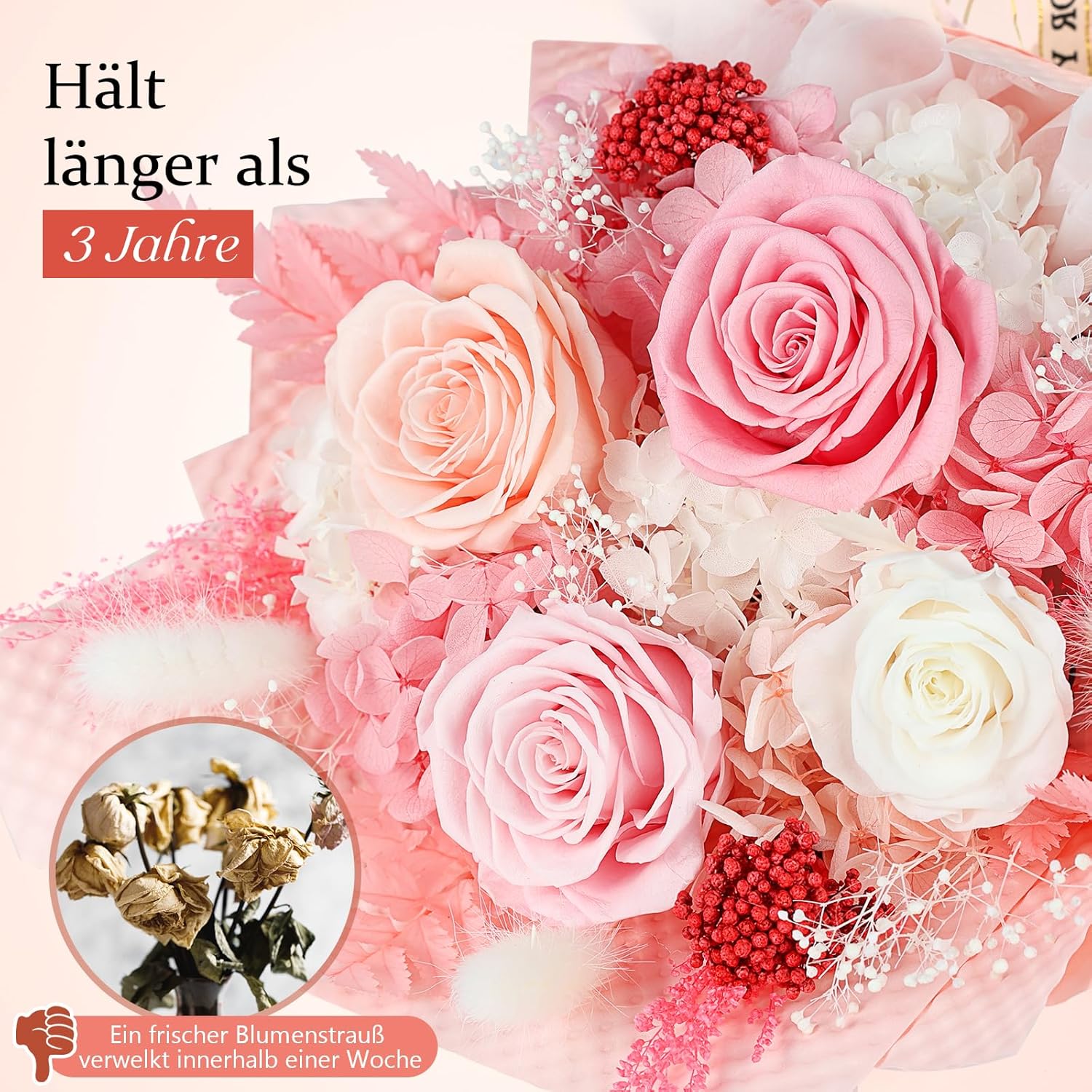 Thumbnail 2 de Ewige Rosen Strauß mit Vase – Rosa, 4 Übergroße Rosen, integrierte Vase