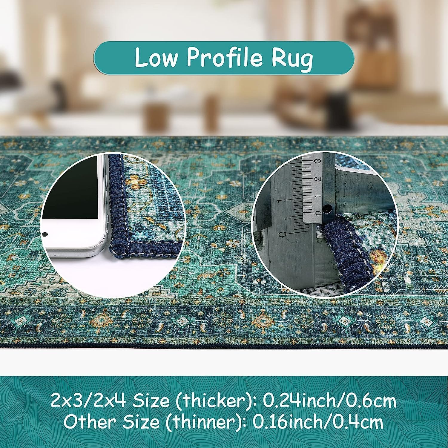 Detalle de Moynesa Ultra-Thin 4 ft Round Area Rug, Teal Oriental Floral, Washable Low-Pile