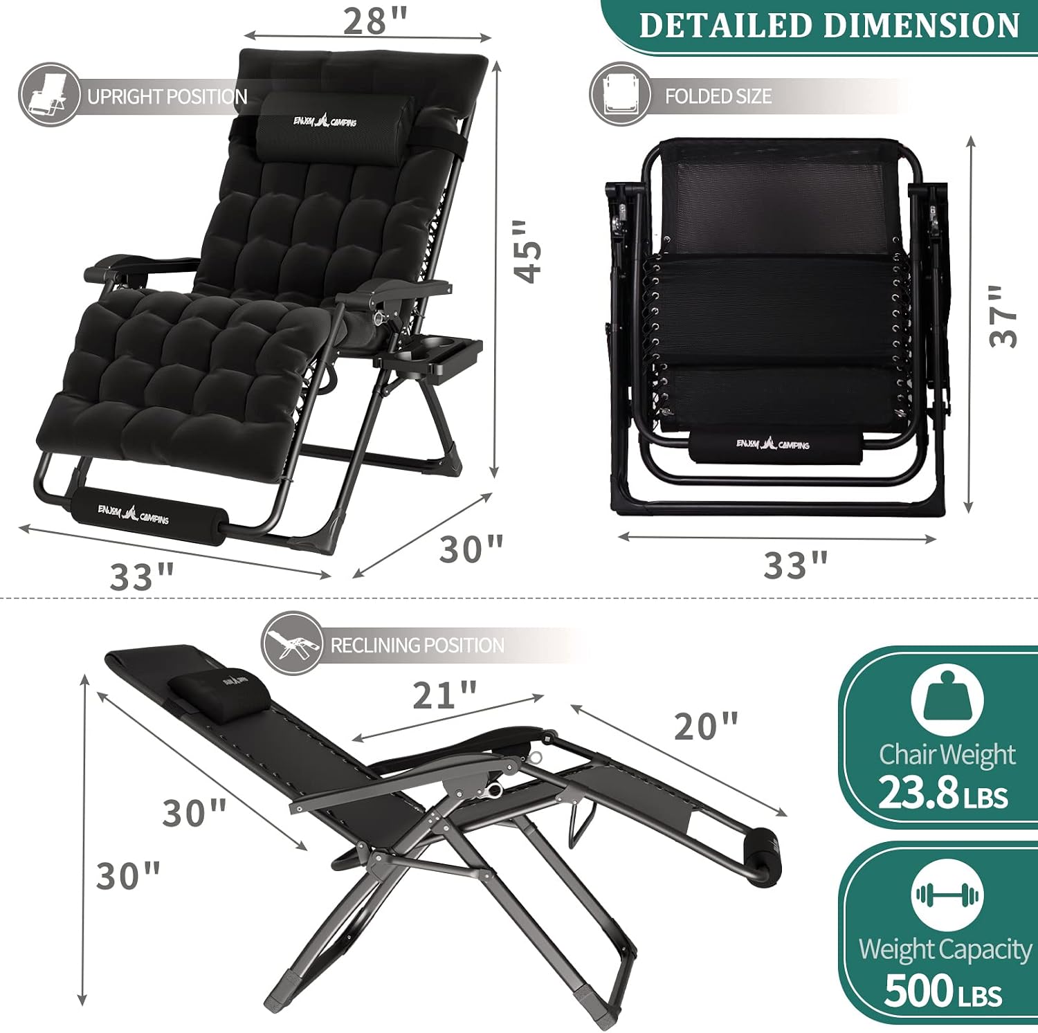 Detalle 2 de UDPATIO XXL Zero Gravity Chair with Cushion, 33-Inch Folding Recliner