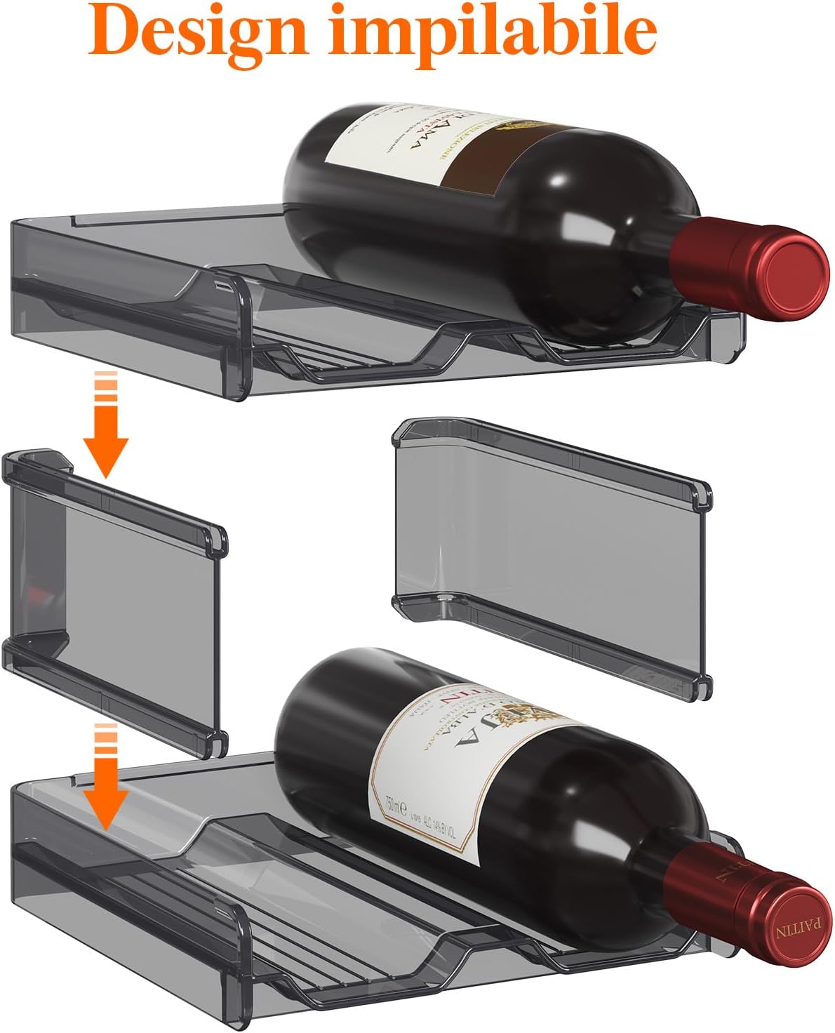 Detalle de Lifewit Portabottiglie impilabile in plastica per frigo e dispensa (set da 2) da 8 bottiglie, nero