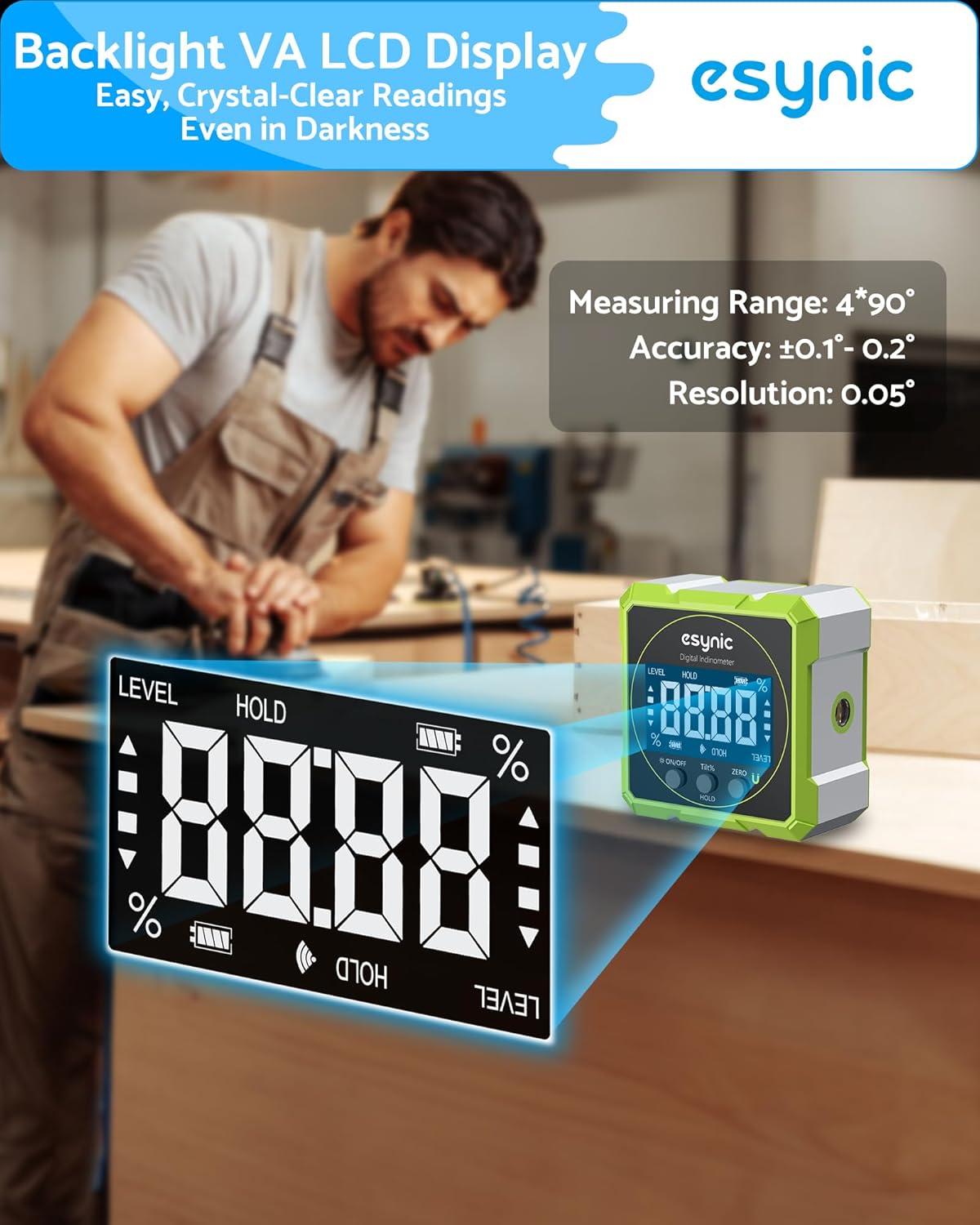 Detalle de eSynic Digital Angle Finder with Green Laser – 4-Sided Magnetic Inclinometer