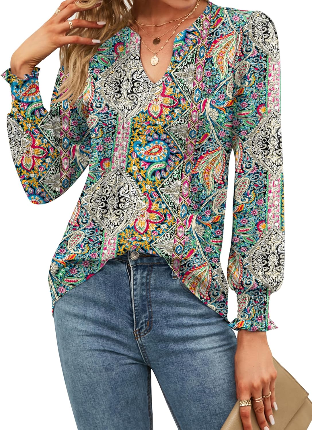 Thumbnail 4 de EFFAN Women's V-Neck Puff Sleeve Floral Tunic Blouse