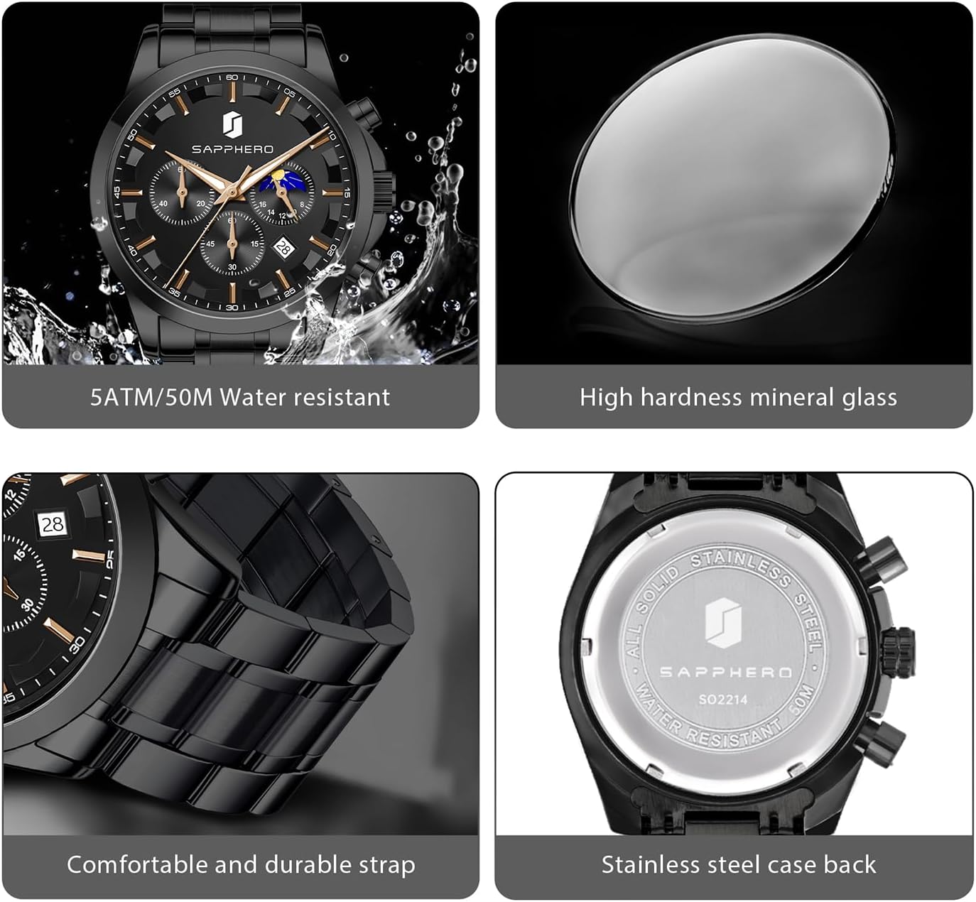 Detalle de BENYAR BY Herrenuhr – Chronograph, 30 m Wasserdicht, Edelstahlarmband, Quarzwerk
