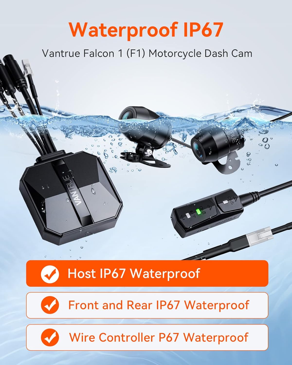 Thumbnail 3 de VANTRUE F1 Motorcycle Camera (4K front + 1080P rear, 5GHz WiFi, GPS, HDR/WDR, IP67, 24H parking mode)