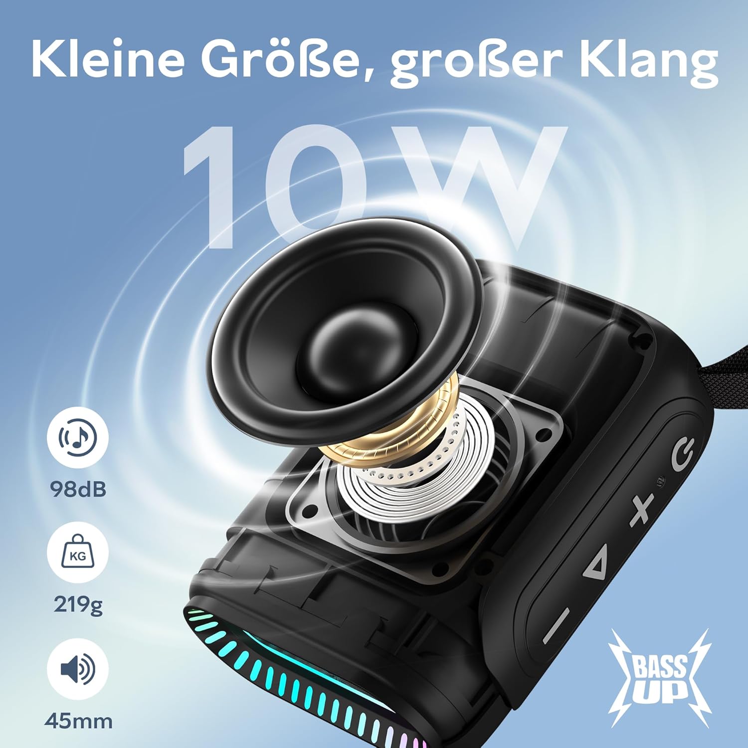 Thumbnail 1 de OHAYO Mini Bluetooth-Lautsprecher mit RGB-Licht – IPX7, 24h Akku, 10 W, Stereo-Paarung