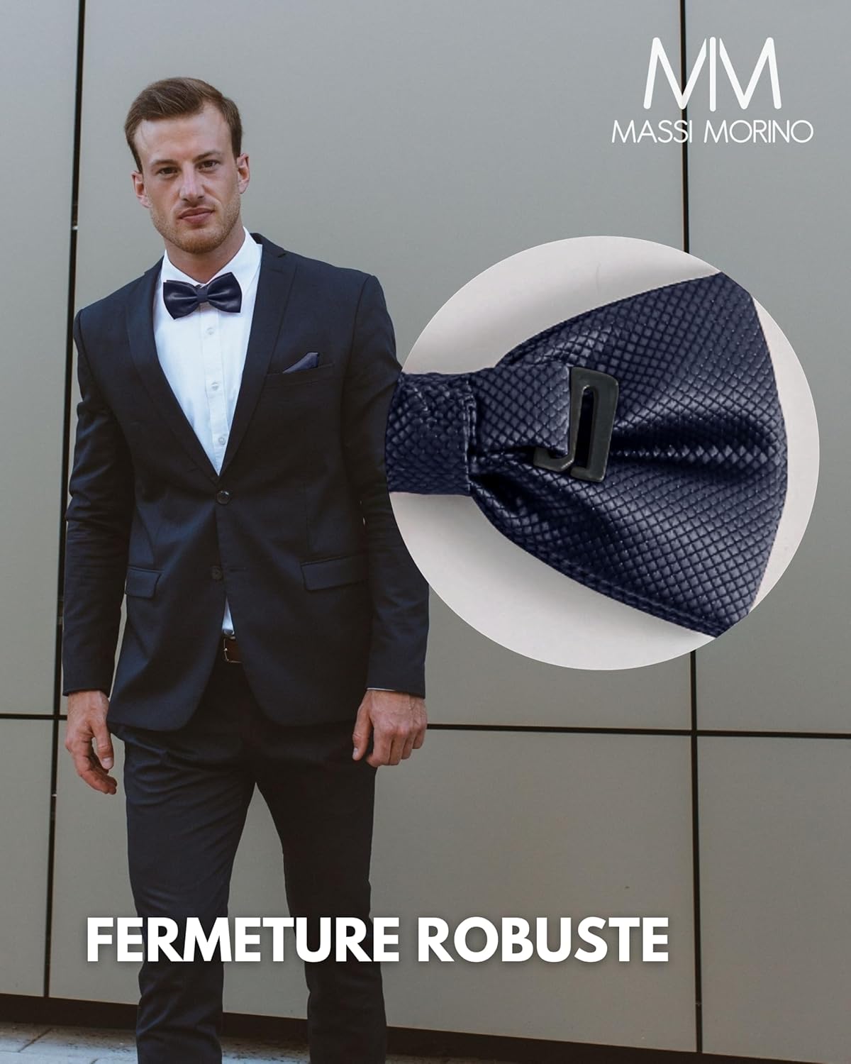 Thumbnail 4 de Massi Morino nœud papillon homme avec pochette assortie et boucle réglable, set pour mariage
