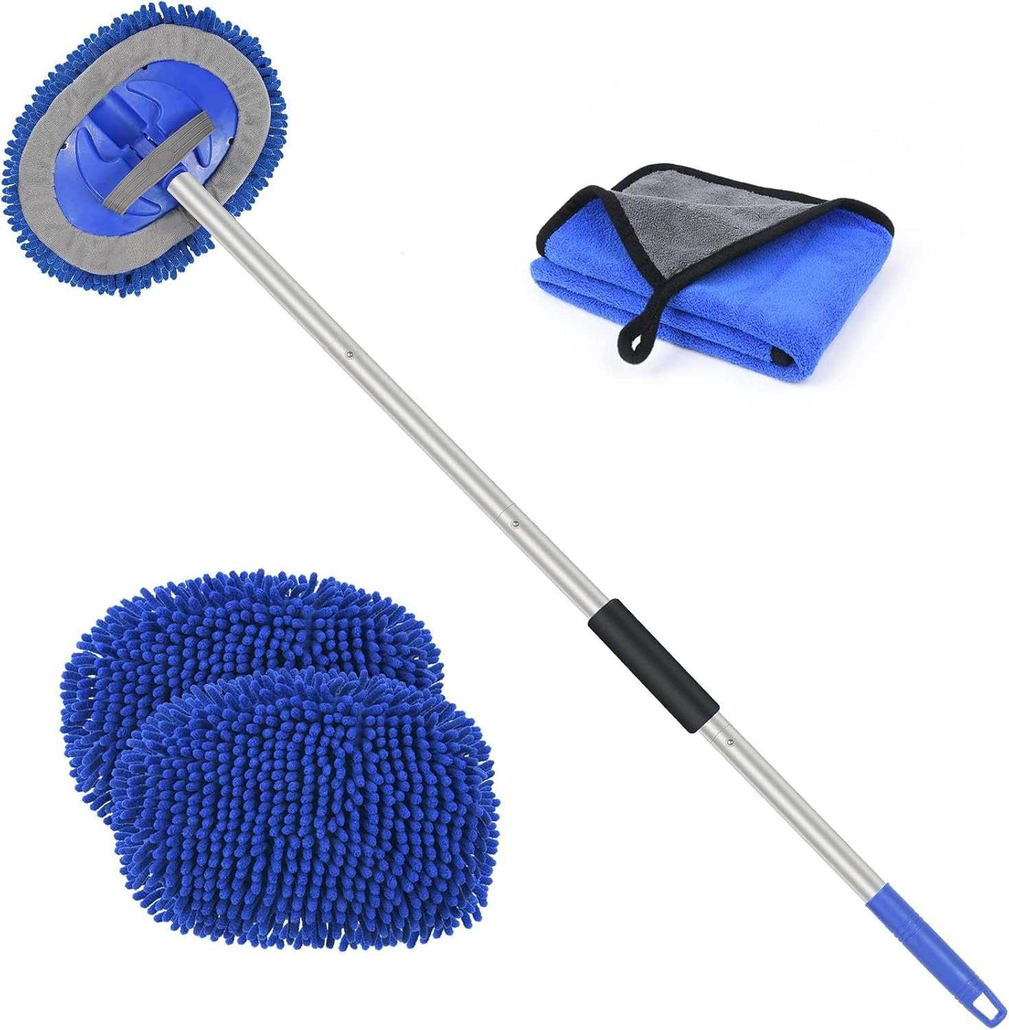 Detalle de URAQT Autowaschbürste Teleskop 160 cm – 3-in-1 Faltbar Multifunktion inklusive Moppköpfe und Mikrofasertücher