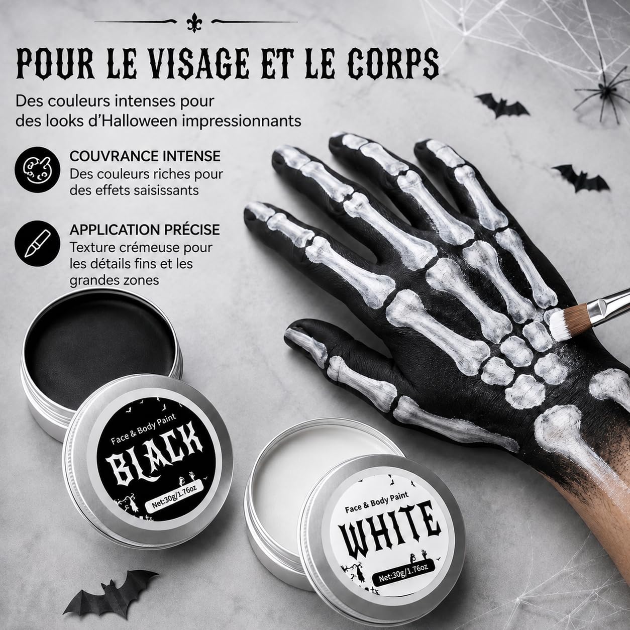 Detalle de SPINNE LUCAS Halloween-gezichtsmake-up, zwart-witte crème van 60 g met 2 kwasten