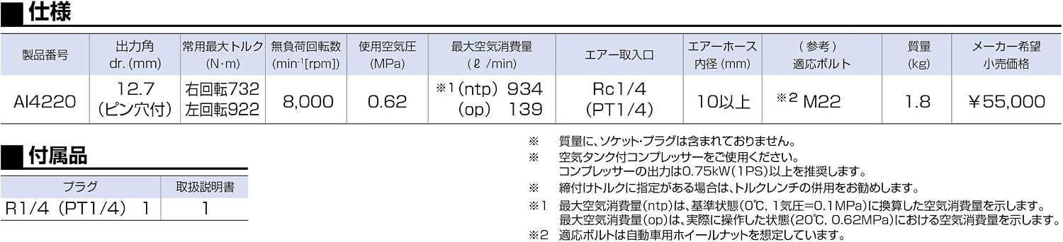 Detalle 1 de トネ(TONE) AI4220 エアーインパクトレンチ 12.7mm角・左右切替・出力調整