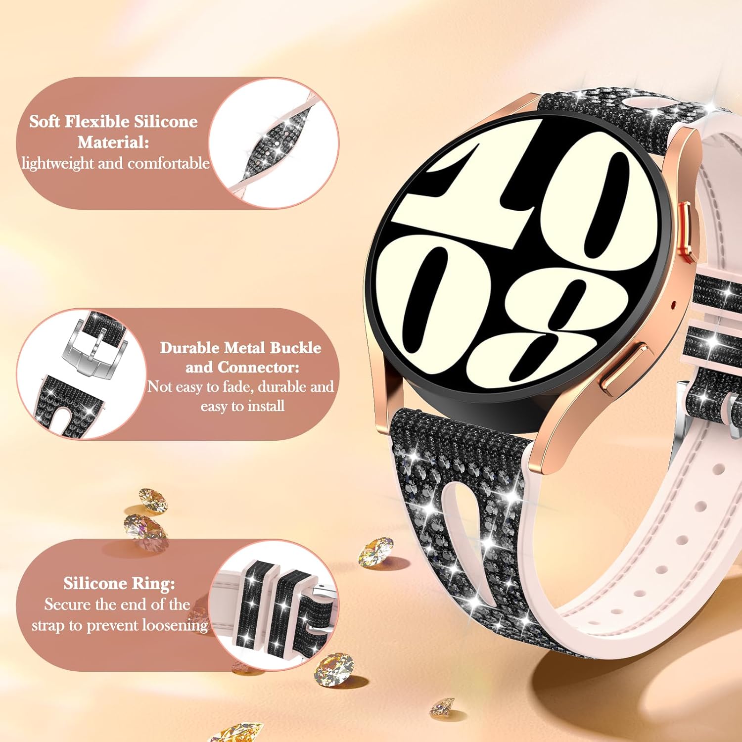 Thumbnail 2 de Kamita Glitzerarmband für Samsung Galaxy Watch (20 mm) – Silikon mit Strass & Schnellverschluss, Schwarz