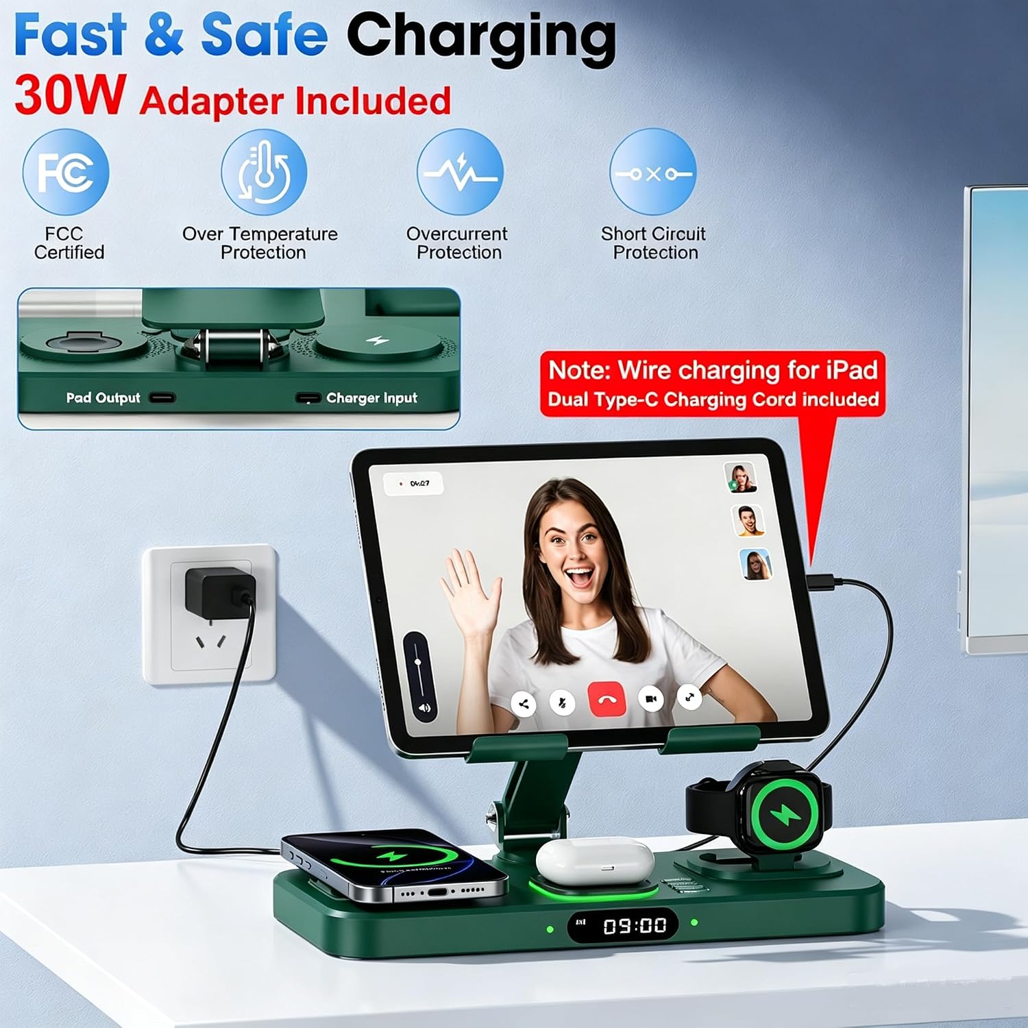 Detalle de Opinta 6-in-1 Wireless Charging Station with Foldable iPad Stand, Clock & Light