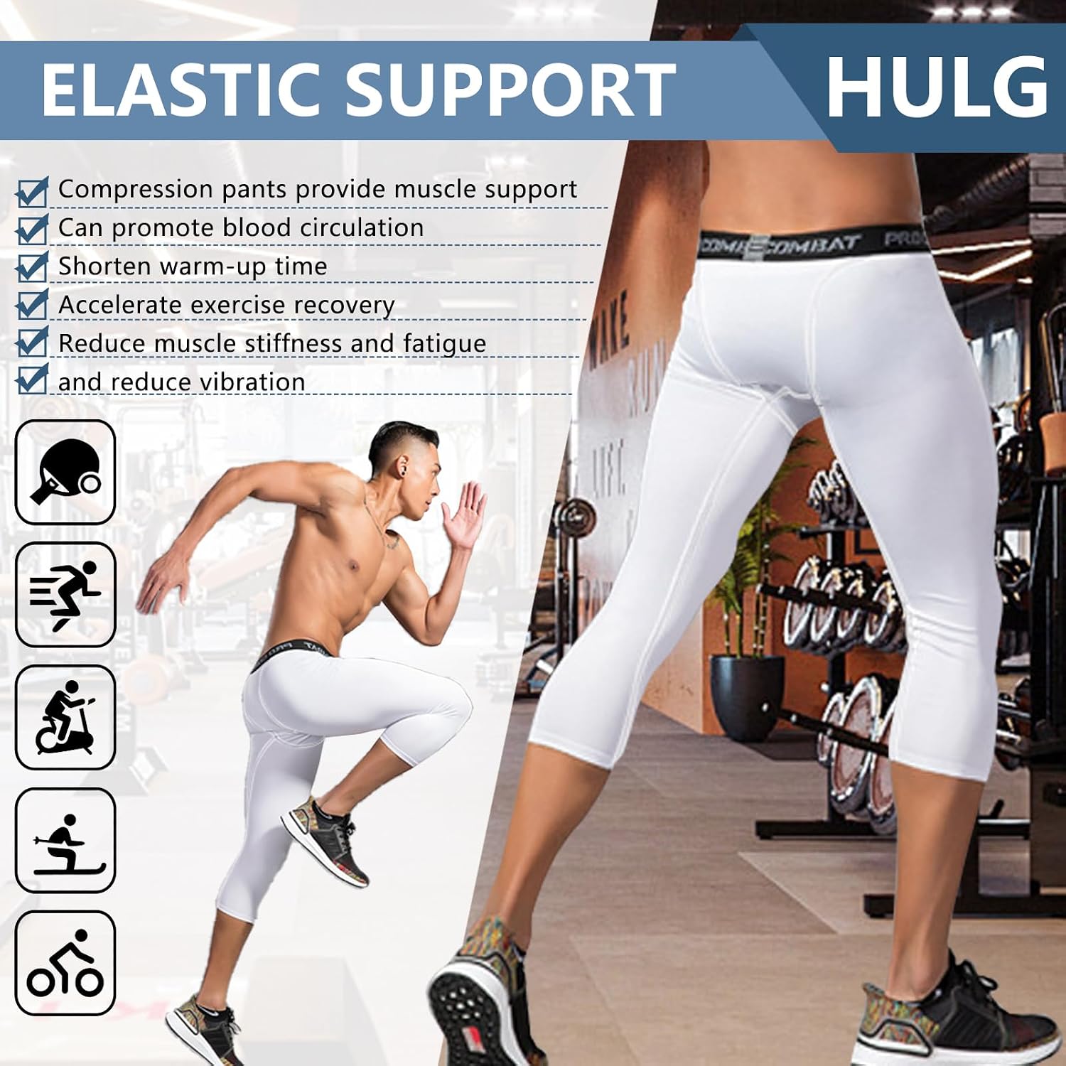Detalle de HULG Kompressionshose Herren – 3/4 Sport-Leggings mit atmungsaktivem Funktionsstoff
