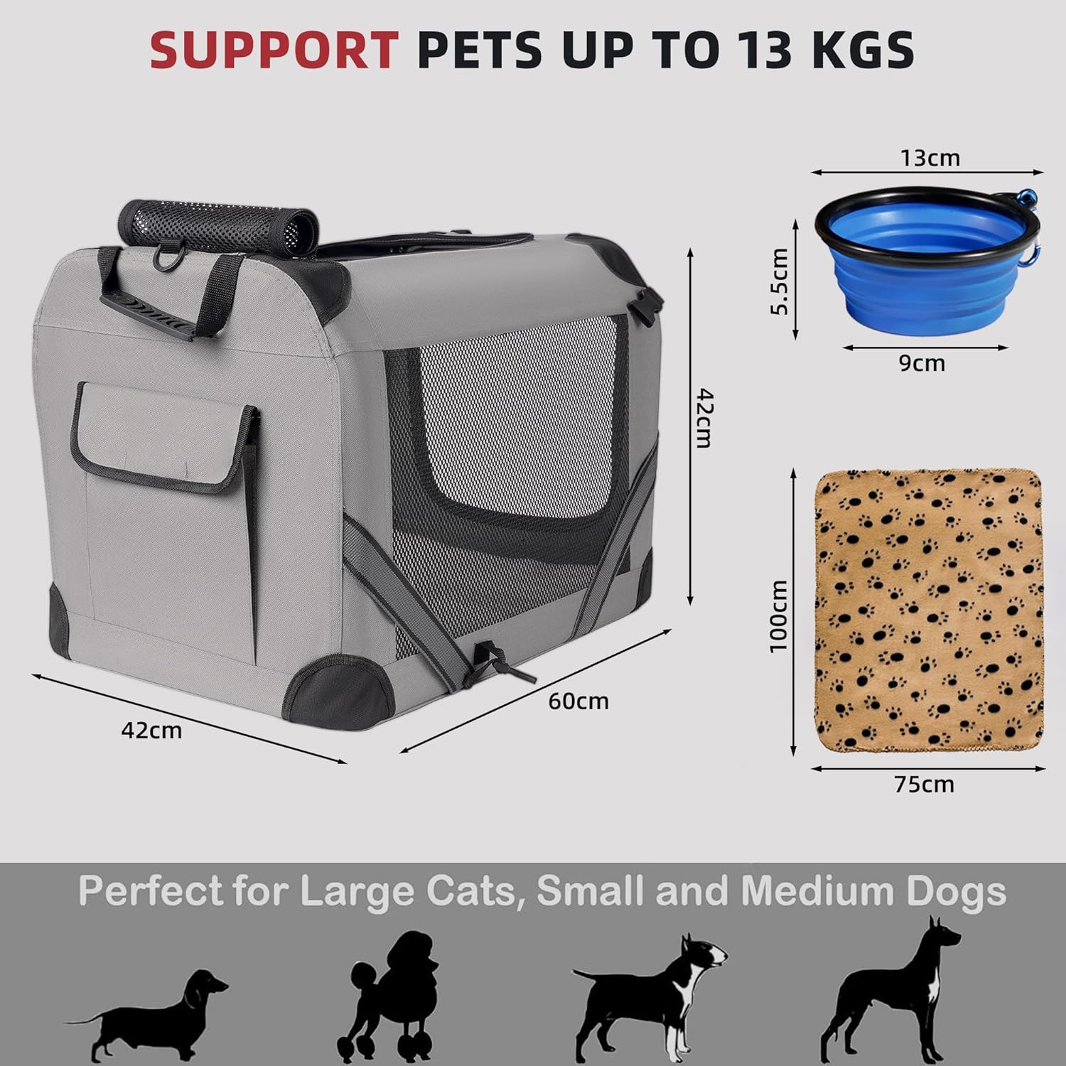 Thumbnail 4 de Petprsco Large Cat Carrier for 2 Cats & Small Dogs (60x42x42cm) – Soft Foldable Travel Carrier