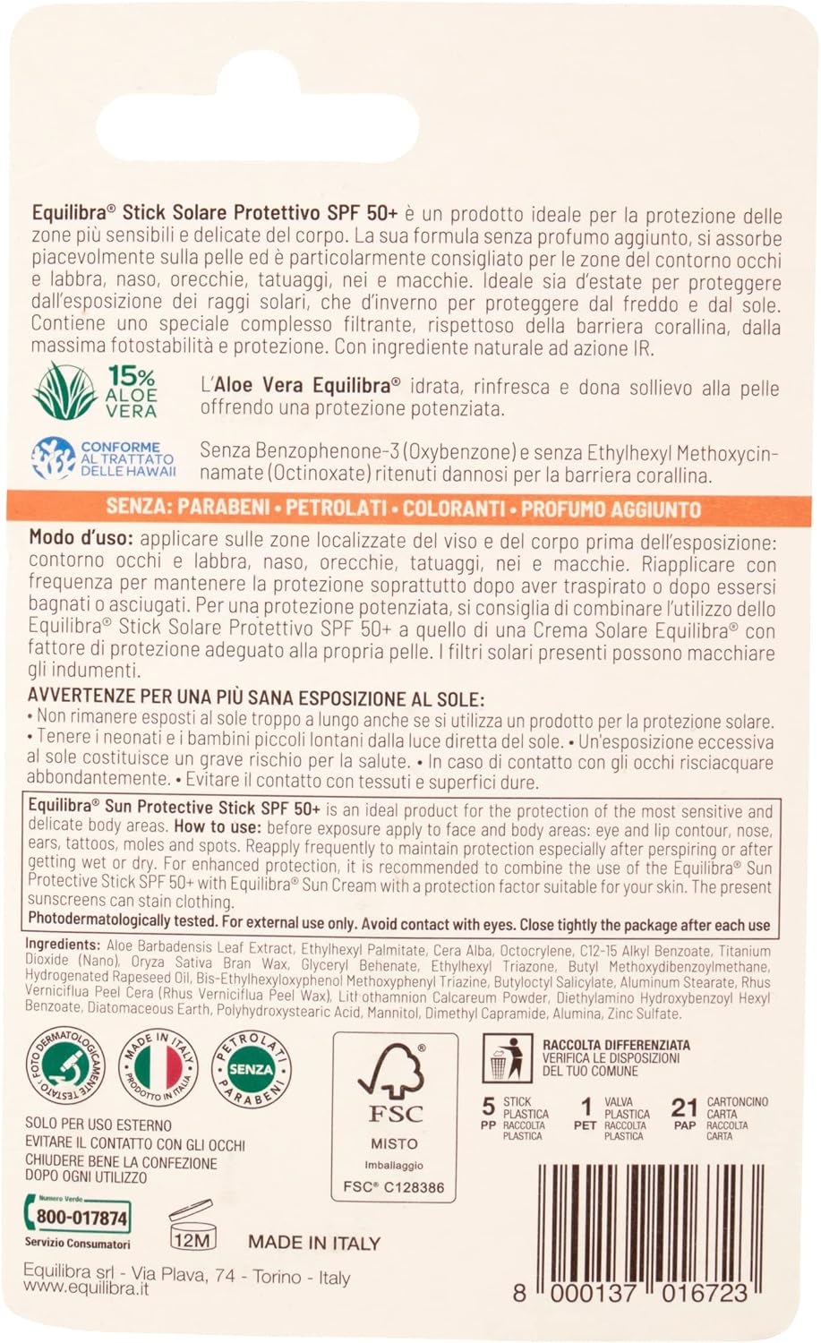 Thumbnail 1 de Equilibra Solari Aloe Stick SPF 50+ – protezione mirata per zone sensibili (12 ml)