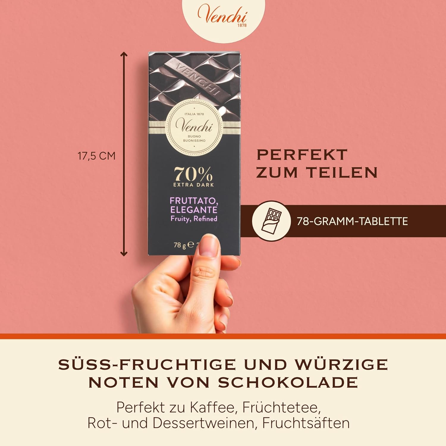 Detalle de Venchi Tafel Zartbitterschokolade 70% – 78 g, glutenfrei & vegan