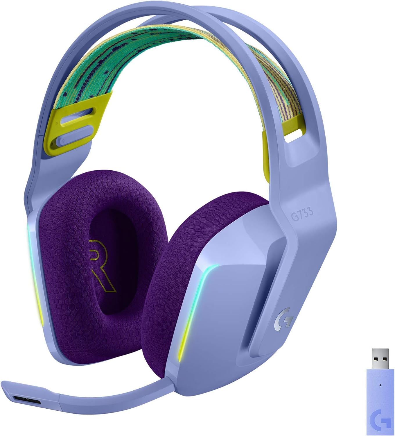 Detalle de Logitech G733 LIGHTSPEED Wireless Gaming Headset, Lilac, with LIGHTSYNC RGB