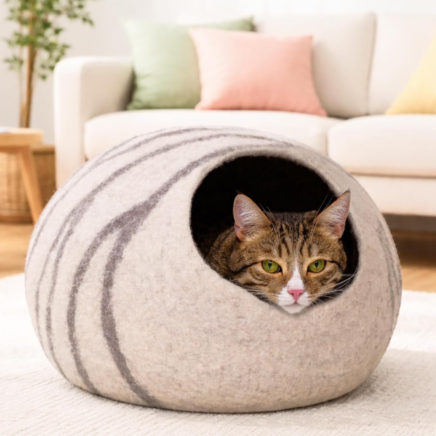 Detalle de MEOWFIA Cat Cave – Premium Handmade Merino Wool Felt Bed (Light Grey, Medium)