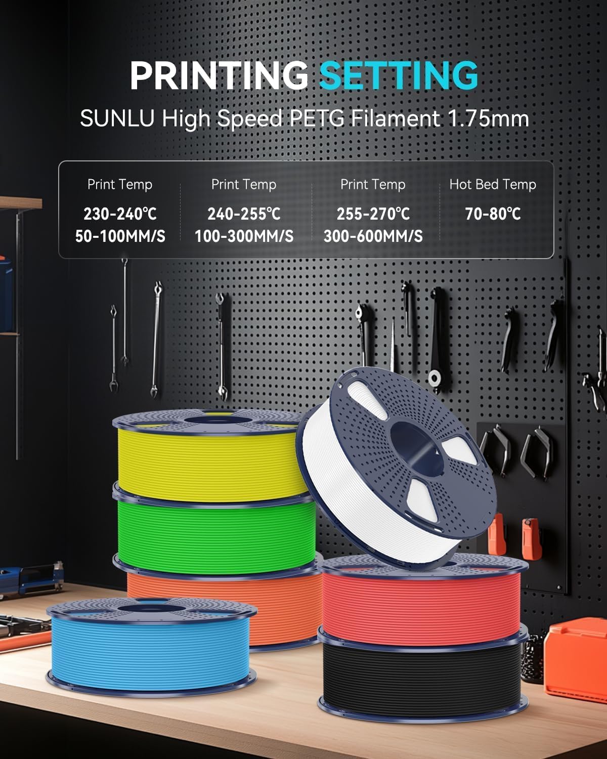 Thumbnail 5 de SUNLU Pack PETG Rapid « haute vitesse » 1,75 mm (2 kg) – Noir/Blanc/Gris/Rouge/Bleu/Vert/Jaune/Orange