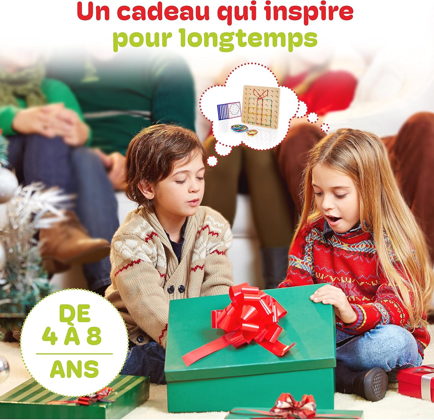 Detalle de CUBIDI Géoboard en Bois 8x8 avec 34 Cartes – Jeu Montessori sans écran