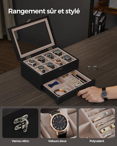 Thumbnail 3 de SONGMICS Boîte à Montres 8 Emplacements JOW008B01 – Écrin en bois avec couvercle en verre