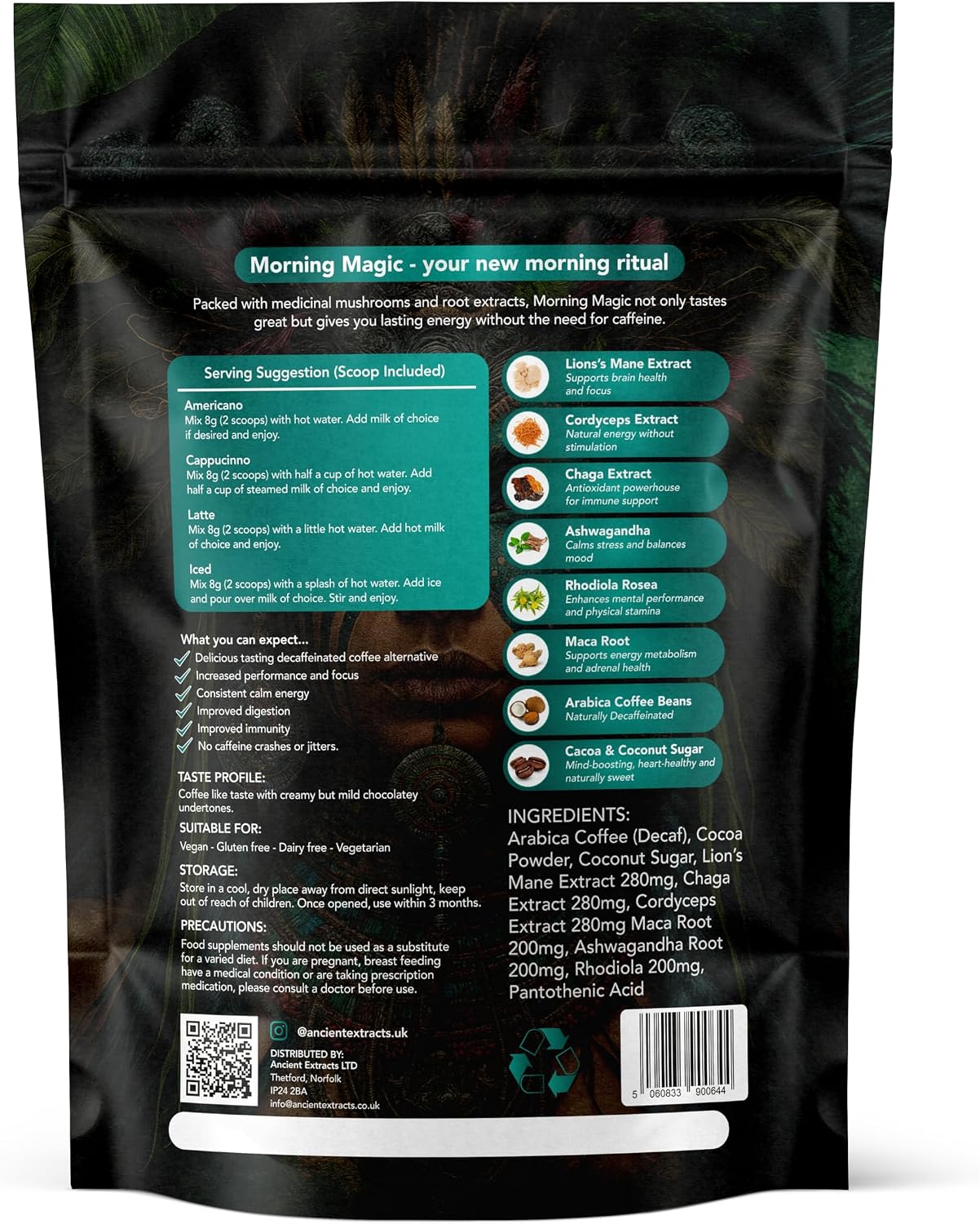 Detalle 2 de Ancient Extracts Morning Magic Mushroom Coffee Decaf (180g) with Lions Mane, Cordyceps, Ashwagandha & Maca Root