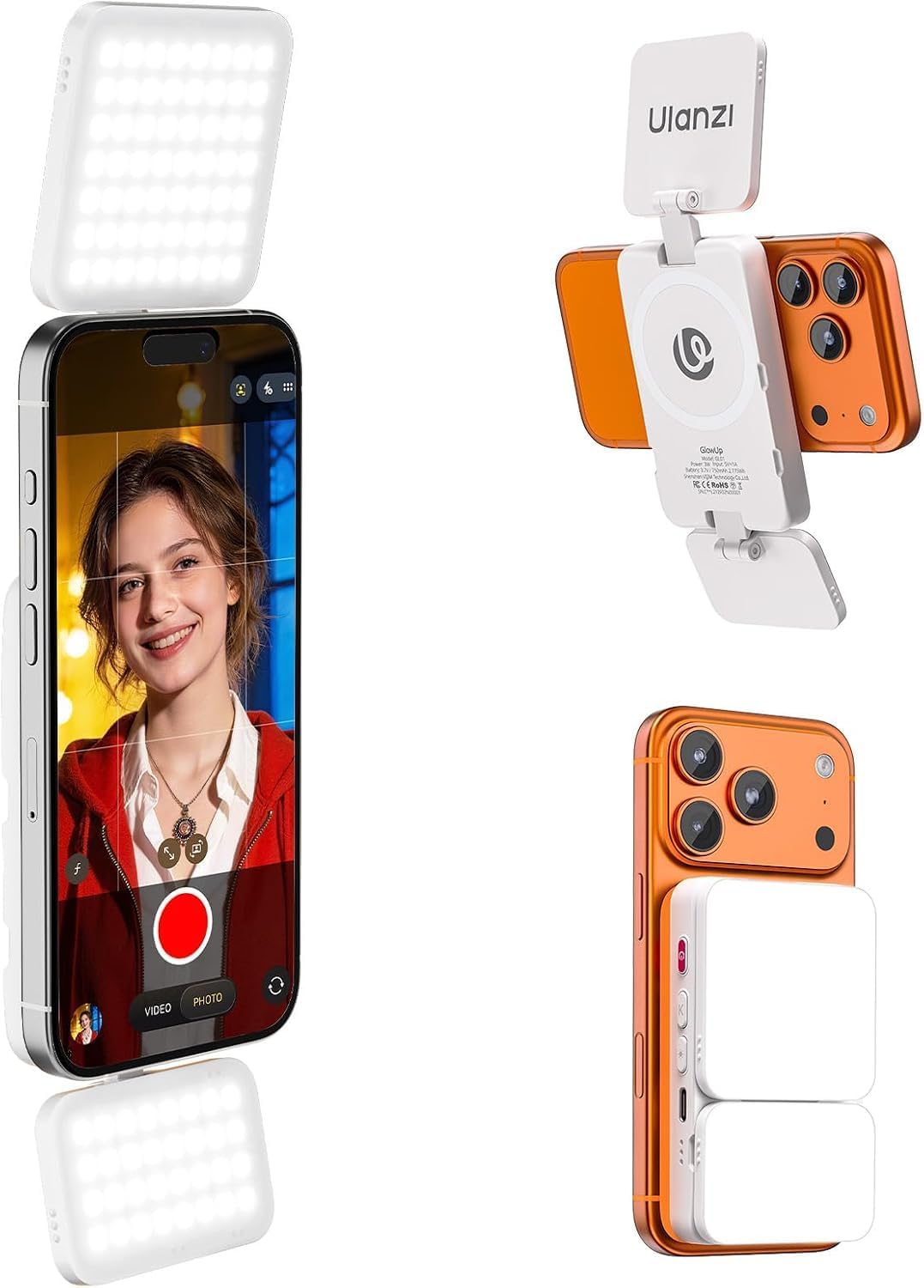 Detalle de ULANZI GL01 Magnetic Phone Light, Dual-Sided LED, 410 Lux, USB-C