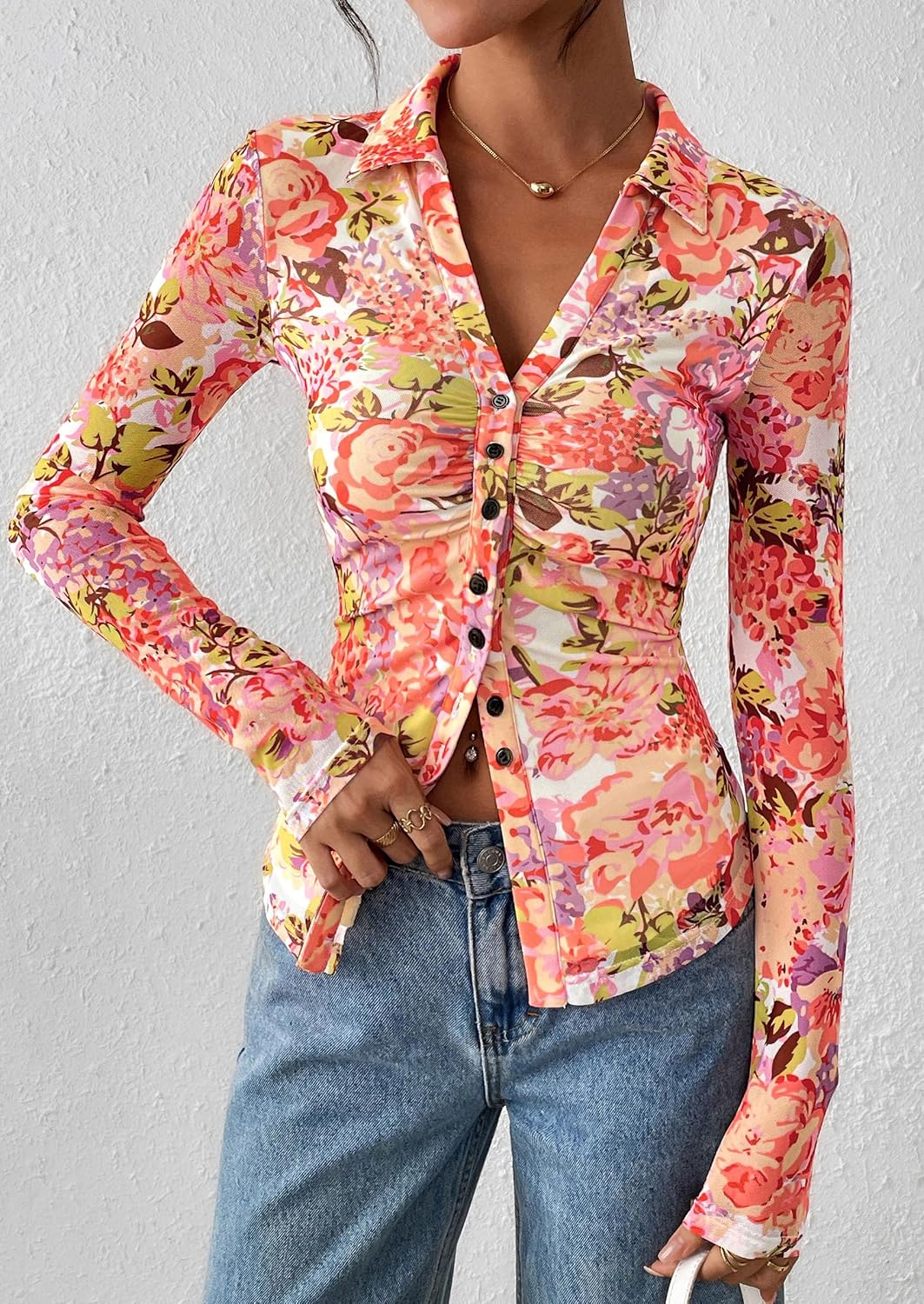 Thumbnail 6 de PRETTYGARDEN Women Button Down Floral Boho Blouse – Lightweight Mesh, Ruched Fitted Top