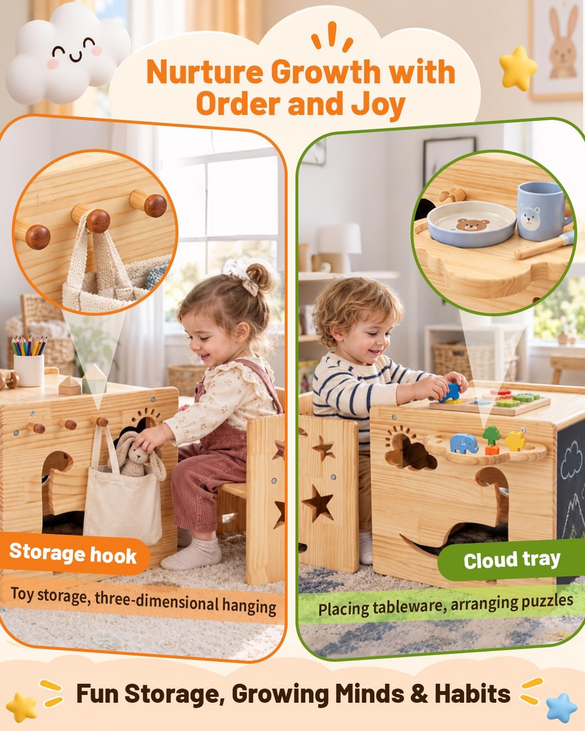 Detalle de Montessori Toddler Table and Chair Set, Natural Wood