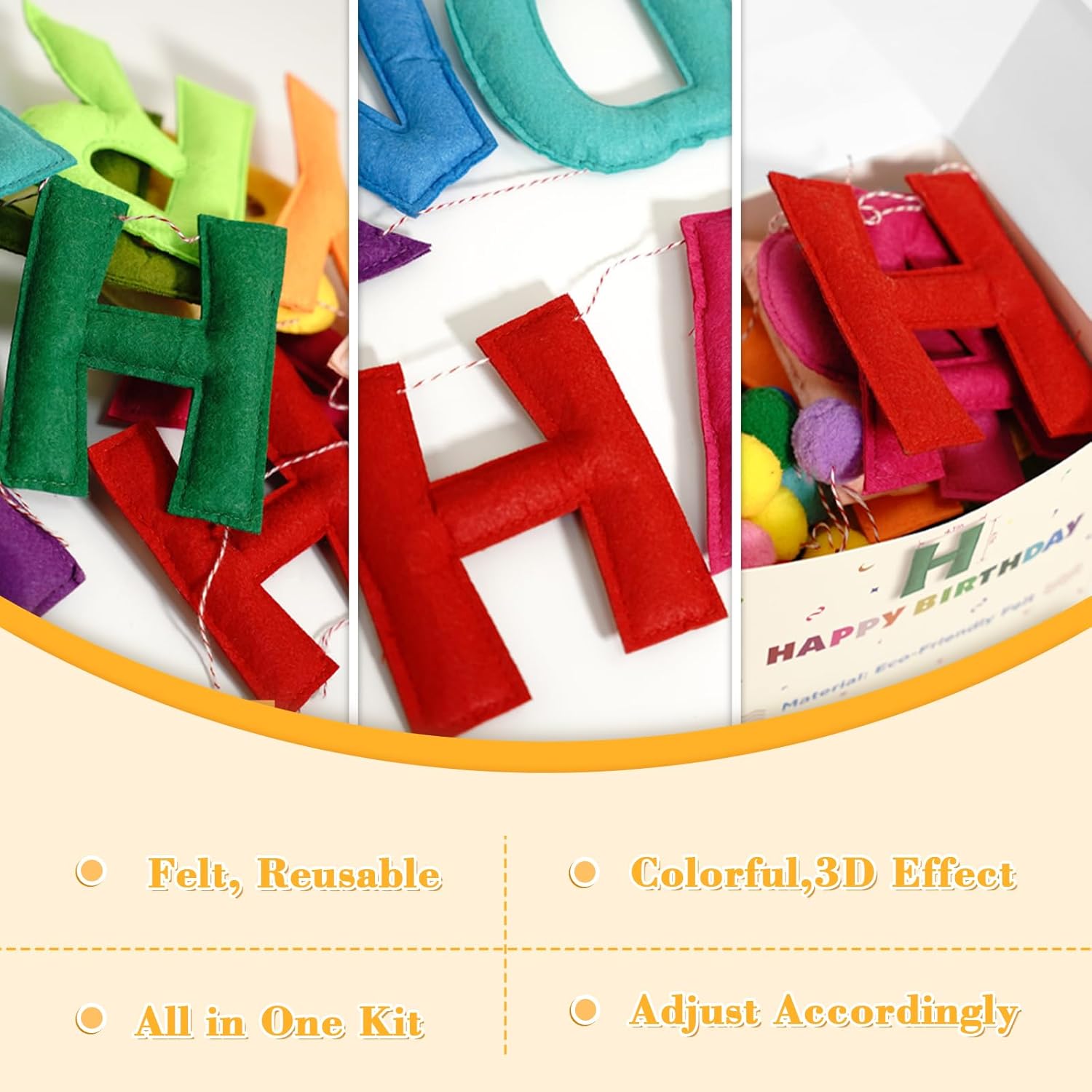 Thumbnail 6 de 4PCS Pre-Strung Happy Birthday Banner Kit – Felt Rainbow Party Decorations