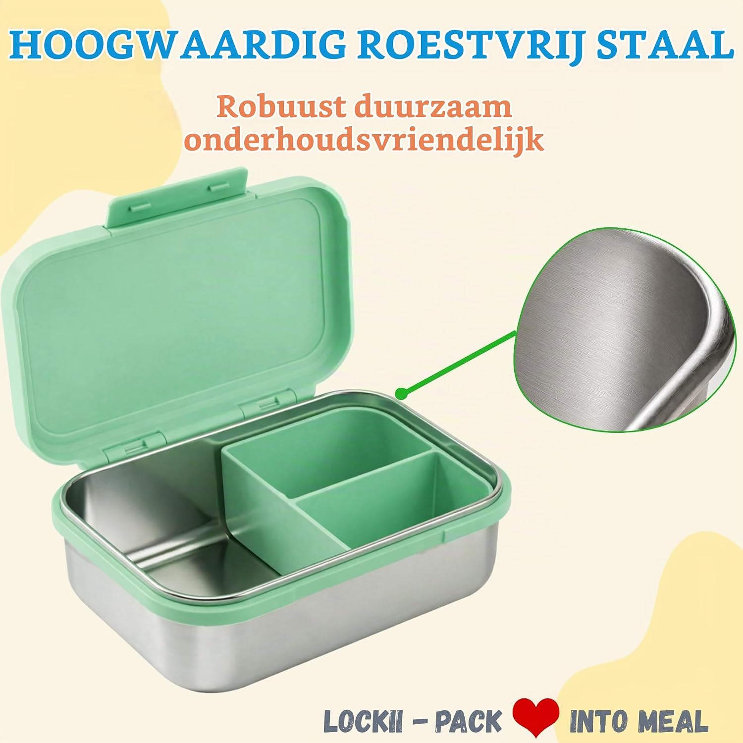 Detalle 2 de LOCKII kinderbroodtrommel 1000 ml van roestvrij staal met snackbox
