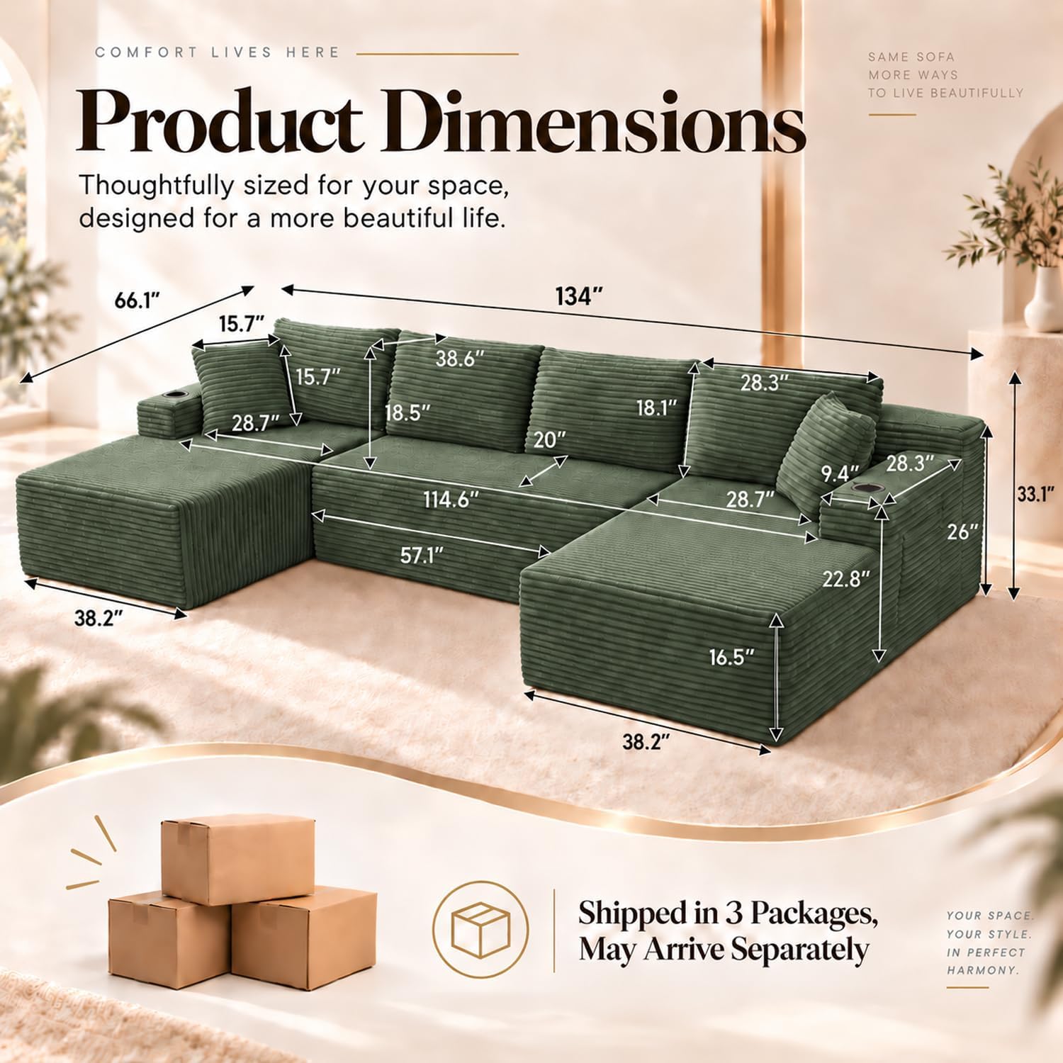 Detalle de Yomsum SF2650-Green134 134-Inch U-Shaped Modular Sectional Sofa