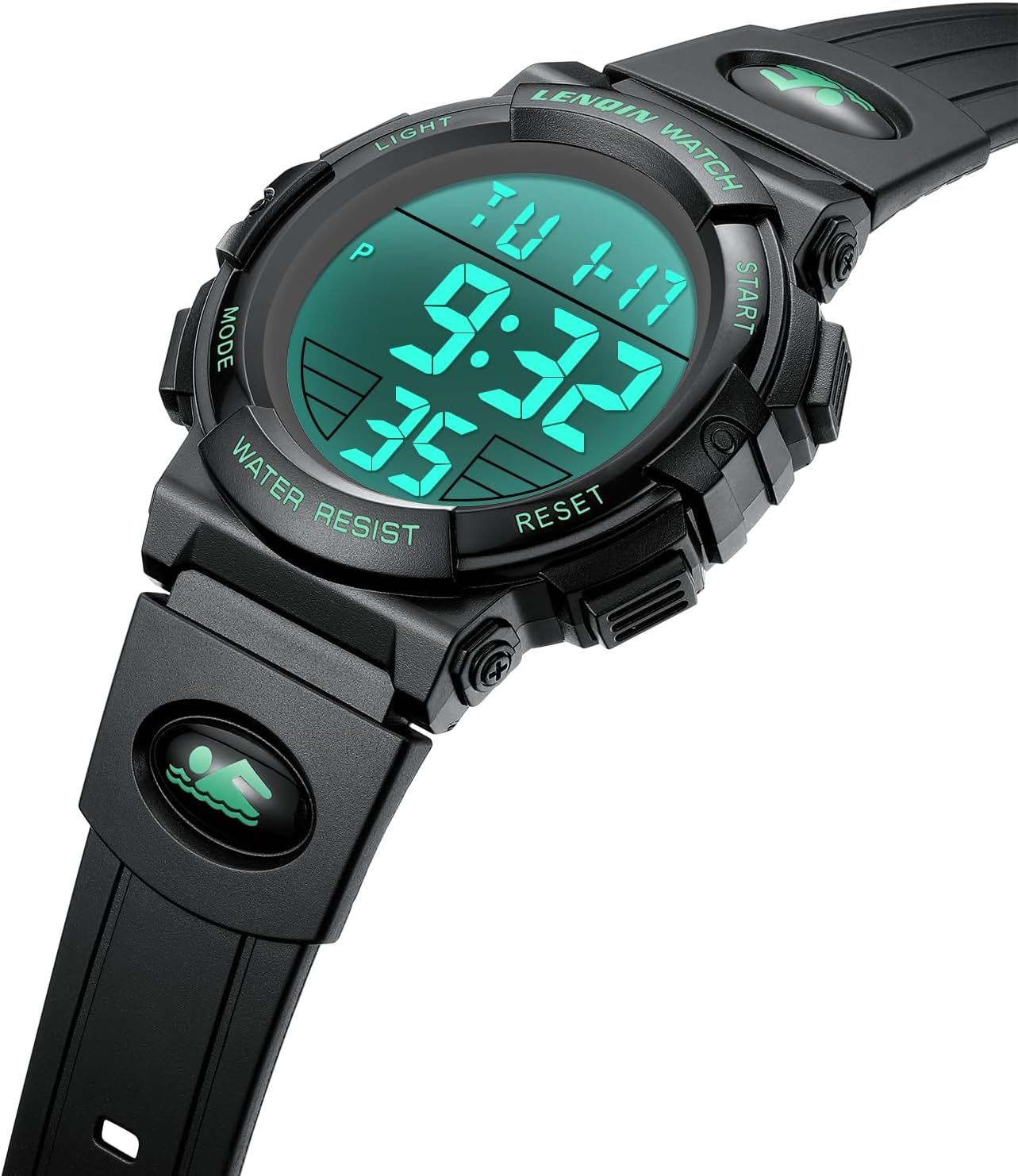 Detalle de LN LENQIN Digitale Herren-Uhr – 3ATM, Stoppuhr, Alarm, Kalender, LED-Hintergrundleuchte