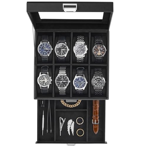 Detalle de ProCase caja para 8 relojes de doble nivel con tapa de cristal, negra