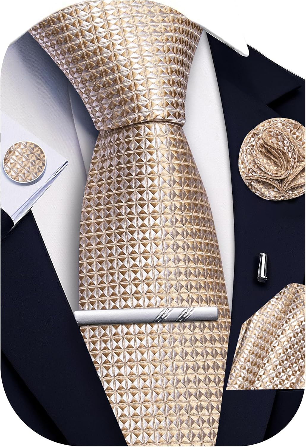 Detalle de Ailisus Men’s ties and pocket square set (plaid silk look) with cufflinks, lapel pin and tie clip – 5-piece formal accessory set
